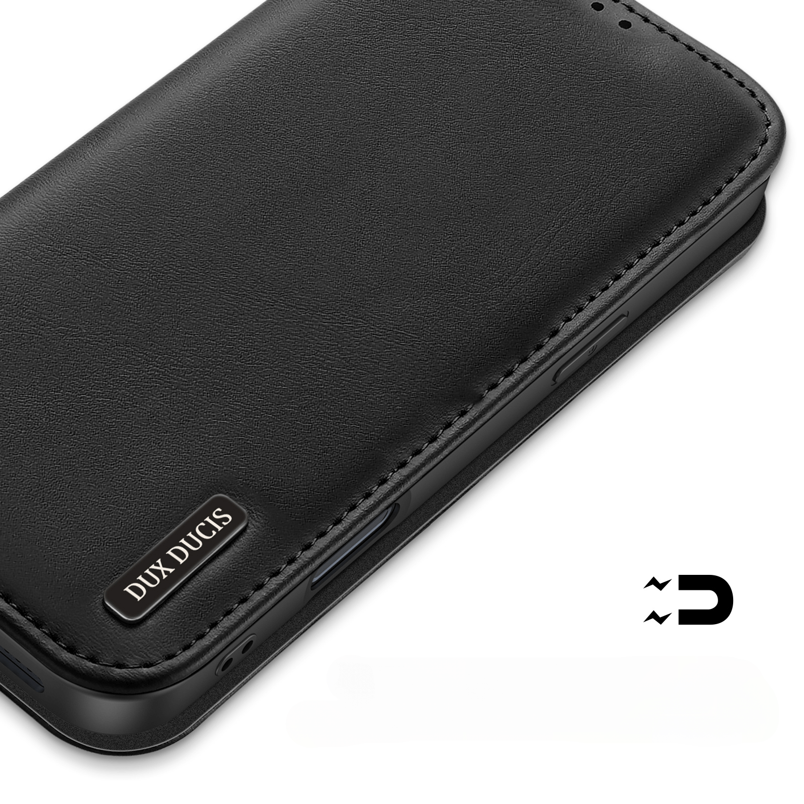 Schwarze Echtleder Dux Ducis HIVO Etui Tasche für iPhone 17 Air mit RFID-Schutz und Magnetverschluss, mit DUX DUCIS Logo. Perfekter Schutz mit Stil auf weißem Hintergrund.