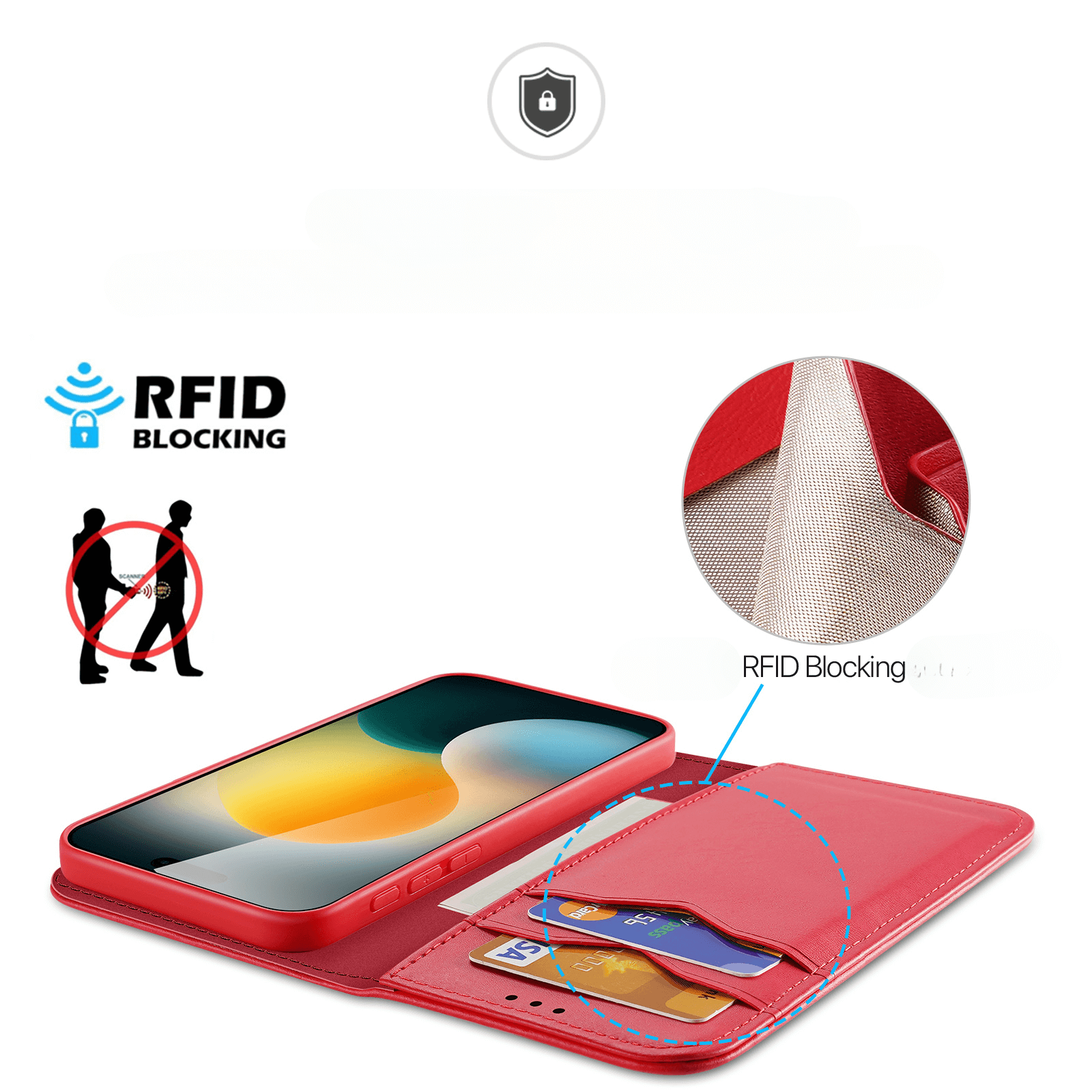 Die Dux Ducis iPhone 17 Air HIVO Etui Tasche aus Echtleder bietet RFID-Schutz, sicheren Kartenhalt und zeigt Nahaufnahmen des schützenden Innenfutters.