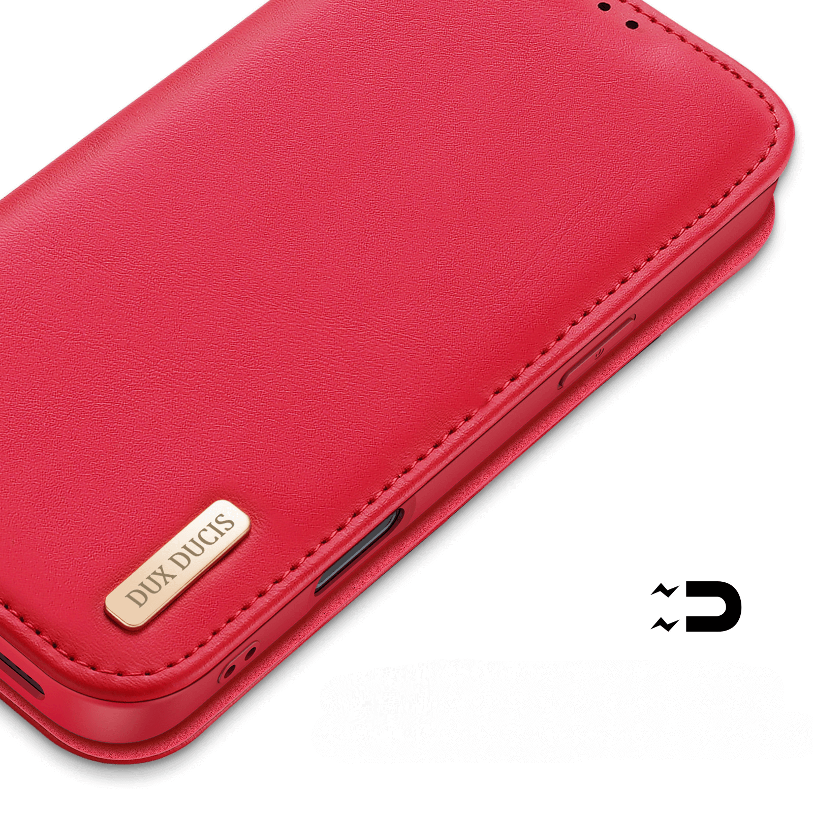 Die rote Dux Ducis iPhone 17 Air HIVO Etui Tasche mit Echtleder-Finish, goldenem Etikett, Magnetverschluss-Symbol und integriertem RFID-Schutz ist auf weißem Hintergrund abgebildet.