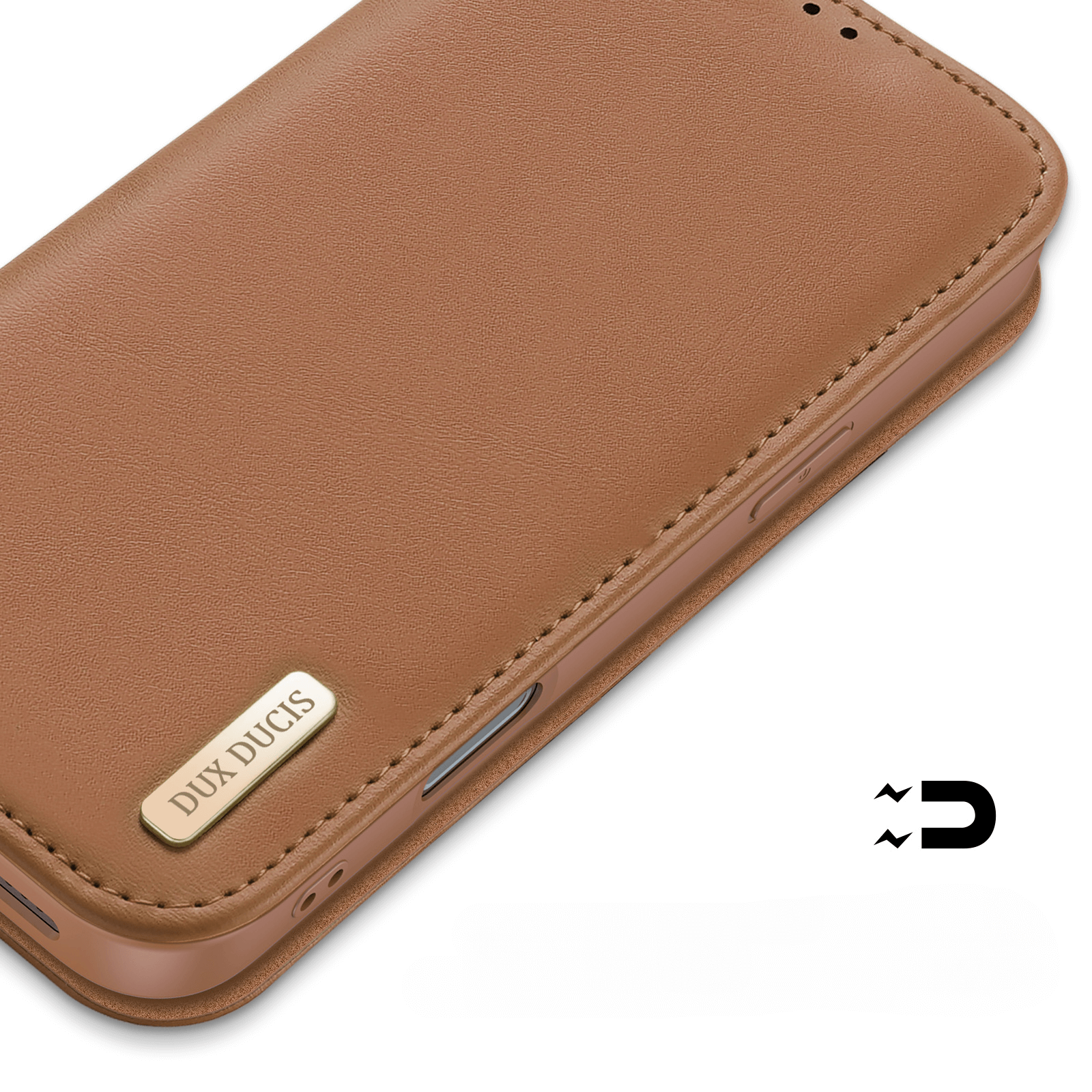 Braune Dux Ducis HIVO Etui Tasche für iPhone 17 mit RFID-Schutz, edlem gold Label und kleinem Magnet-Icon auf weißem Hintergrund.