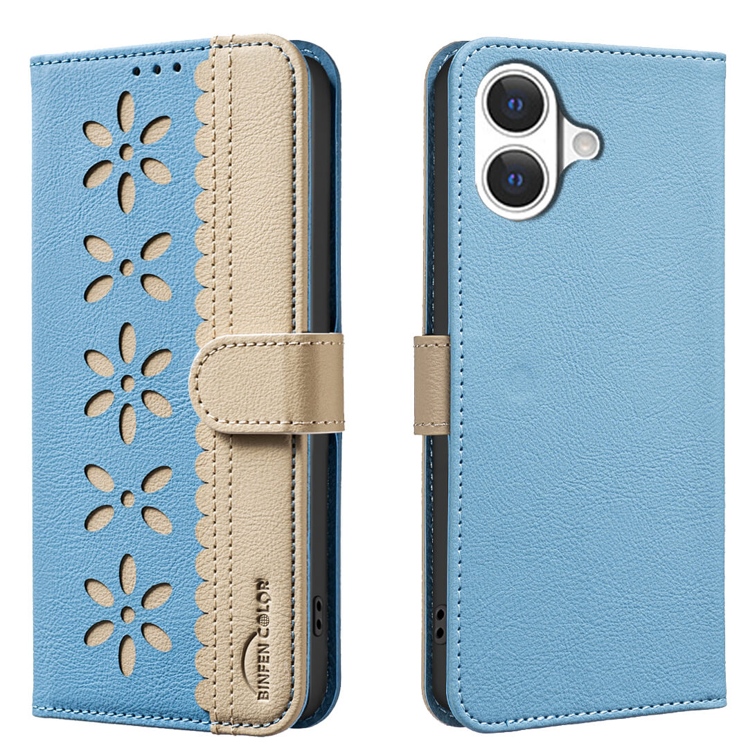 Die BINFEN Color iPhone 17 - BINFEN Ledertasche Floral ist eine blau-beigefarbene Handytasche mit floraler Prägung, die auf der Vorder- und Rückseite abgebildet ist und über einen integrierten RFID-Schutz zur sicheren und stilvollen Aufbewahrung von Karten verfügt.