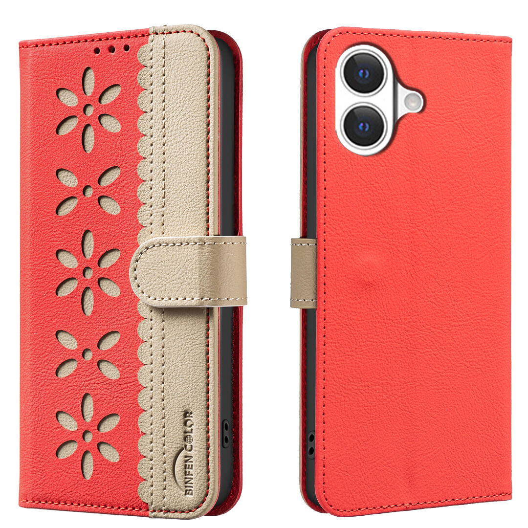 Die iPhone 17 - BINFEN Ledertasche Floral von BINFEN Color in Rot und Beige verfügt über eine florale Prägung, zwei Kameraausschnitte und einen integrierten RFID-Schutz, der sowohl geschlossen als auch offen gezeigt wird.