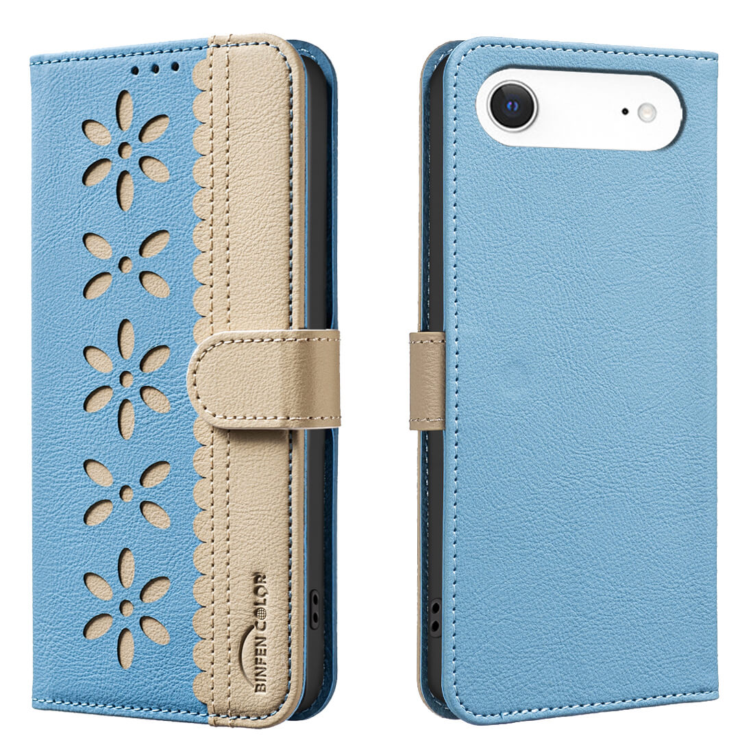 Die BINFEN Color iPhone 17 Air - BINFEN Ledertasche Floral in Blau und Beige mit floralem Ausschnitt und Prägung ist aus strukturiertem Material gefertigt und verfügt über einen RFID-Schutz für erhöhte Sicherheit. Abgebildet sowohl offen als auch geschlossen.