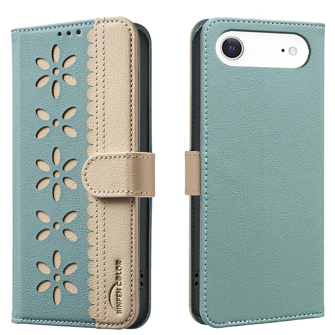 Die BINFEN Color iPhone 17 Air - BINFEN Ledertasche Floral in teal und beige hat ein florales Design, RFID-Schutz und ist offen und geschlossen mit einem weißen Telefon im Inneren dargestellt.