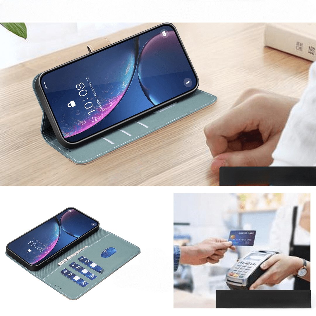 Das iPhone 17 Air liegt in der BINFEN Color BINFEN Ledertasche Floral neben Kreditkarten, während Hände am Kartenleser bezahlen - für Stil und RFID-Schutz.