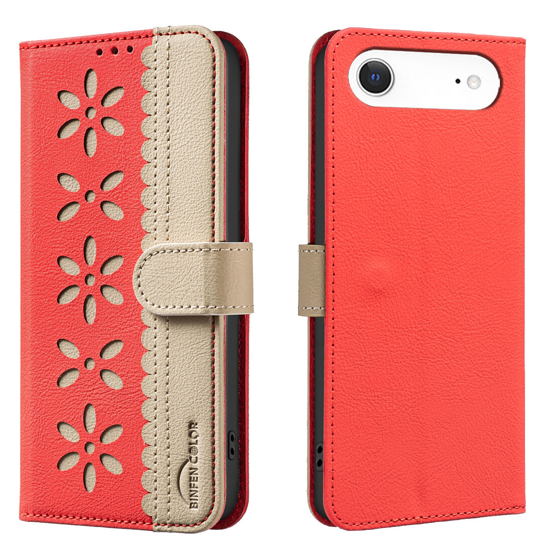 Die BINFEN Color iPhone 17 Air - BINFEN Ledertasche Floral ist eine rot-beige geblümte Handytasche mit Blumenprägung und RFID-Schutz, die mit einem weißen Smartphone geöffnet/geschlossen wird. Perfekte Passform für Ihr iPhone 17 Air.