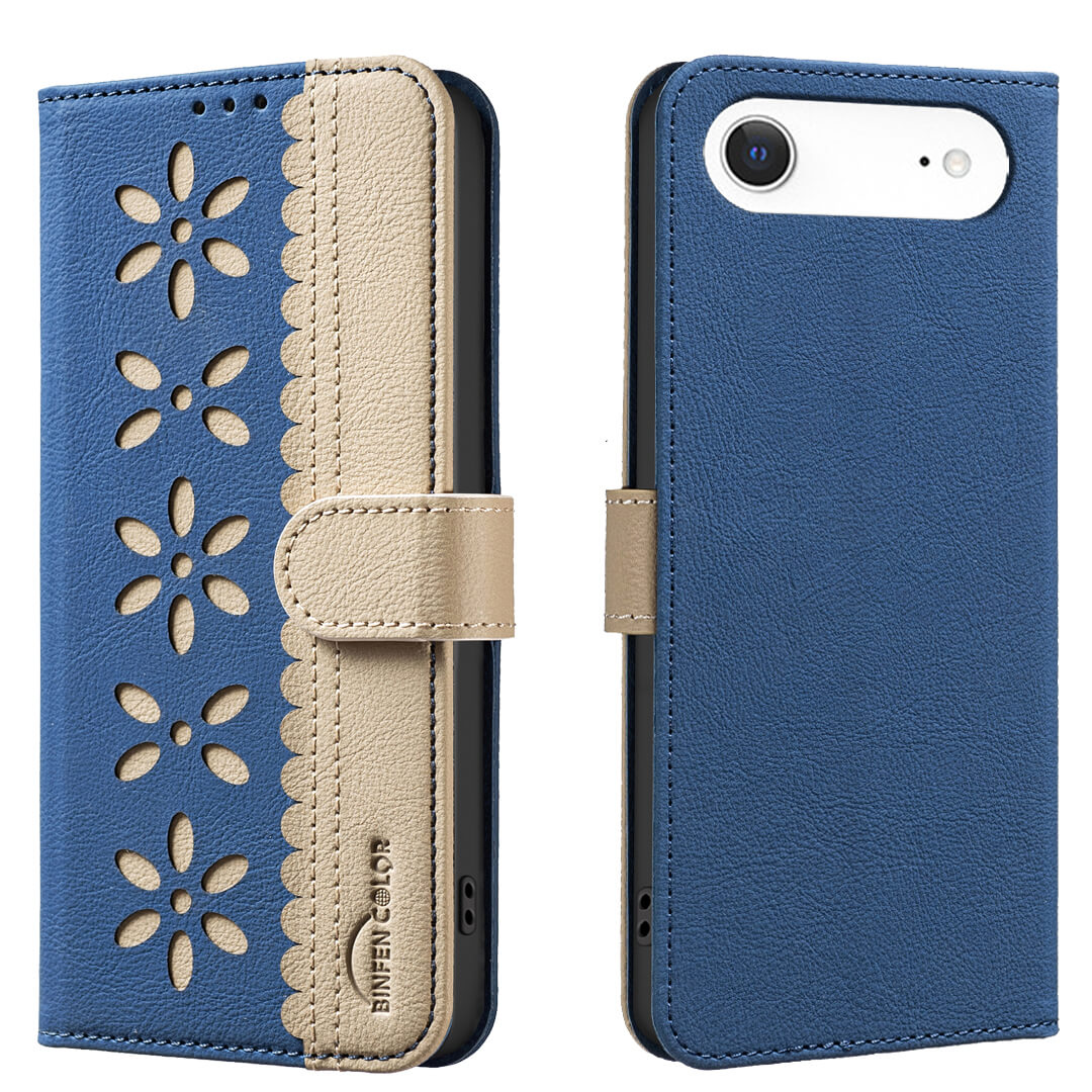 Die BINFEN iPhone 17 Air - BINFEN Ledertasche Floral in Blau und Beige mit floraler Prägung, offen und geschlossen dargestellt. Mit Magnetverschluss und integriertem RFID-Schutz für mehr Sicherheit. Marke: BINFEN Farbe.