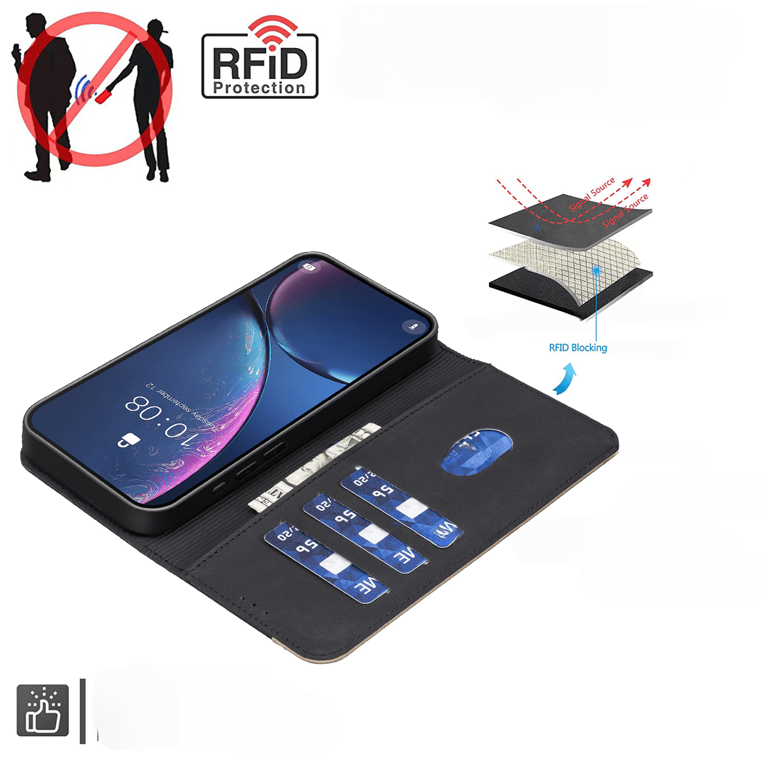 #farbe_schwarz|Die BINFEN Color iPhone 17 Pro Max BINFEN Ledertasche Floral, hier geöffnet mit RFID-Schutz und Kreditkarten, verfügt über RFID-Schutzschichten, Schutzsymbole und eine elegante florale Prägung auf dem Cover.