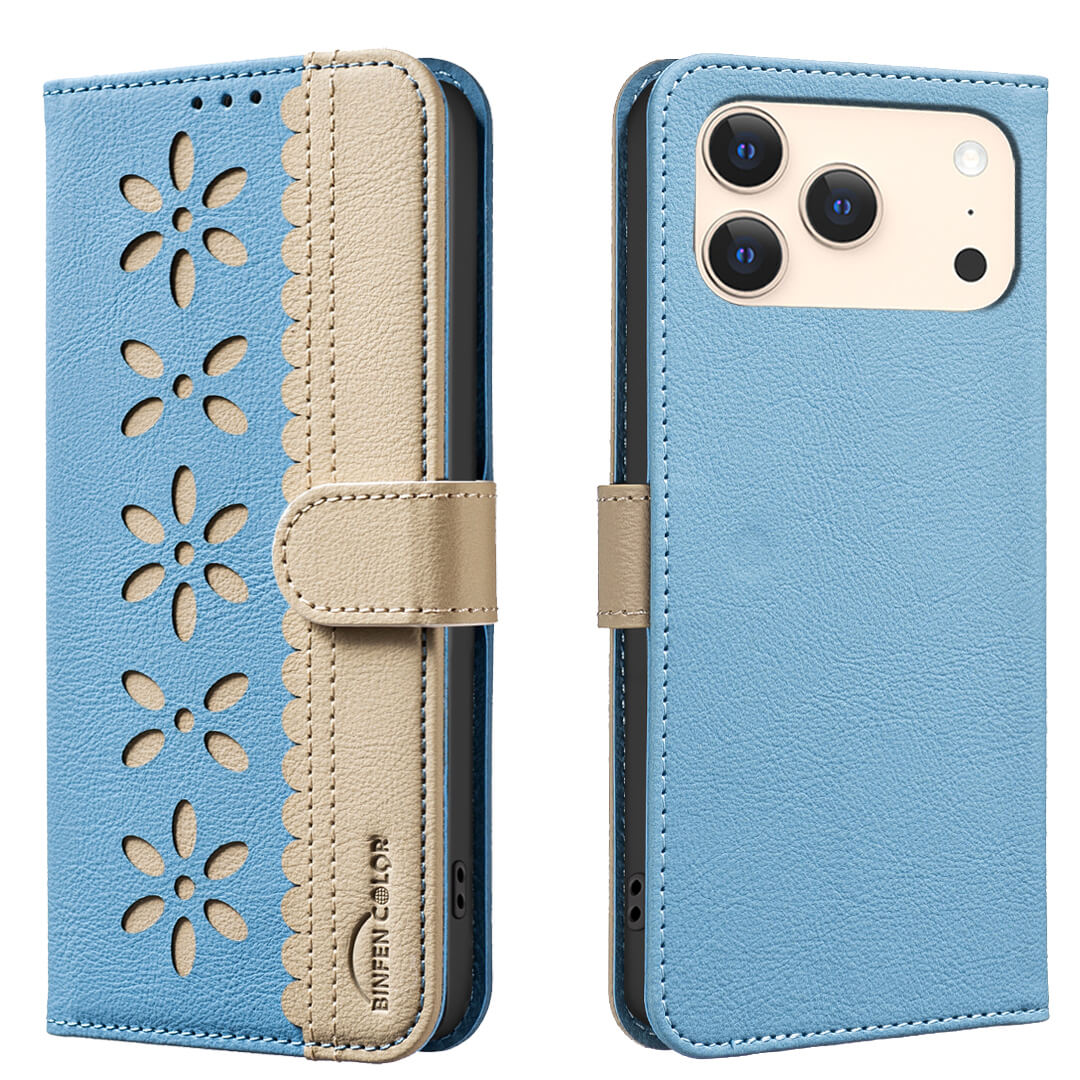 BINFEN Color iPhone 17 Pro Max BINFEN Ledertasche Floral in Blau und Beige mit floraler Prägung, offen und geschlossen mit Handy gezeigt. Mit integriertem RFID-Schutz für mehr Sicherheit.