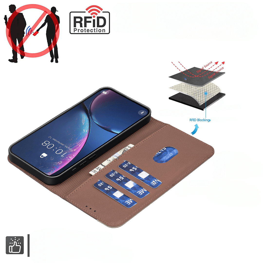 Die iPhone 17 Pro Max BINFEN Ledertasche Floral von BINFEN Color bietet RFID-Schutz, florale Prägung sowie Fächer für Karten und Bargeld, dargestellt mit Icons für Anti-Diebstahl und RFID-Blockierung.