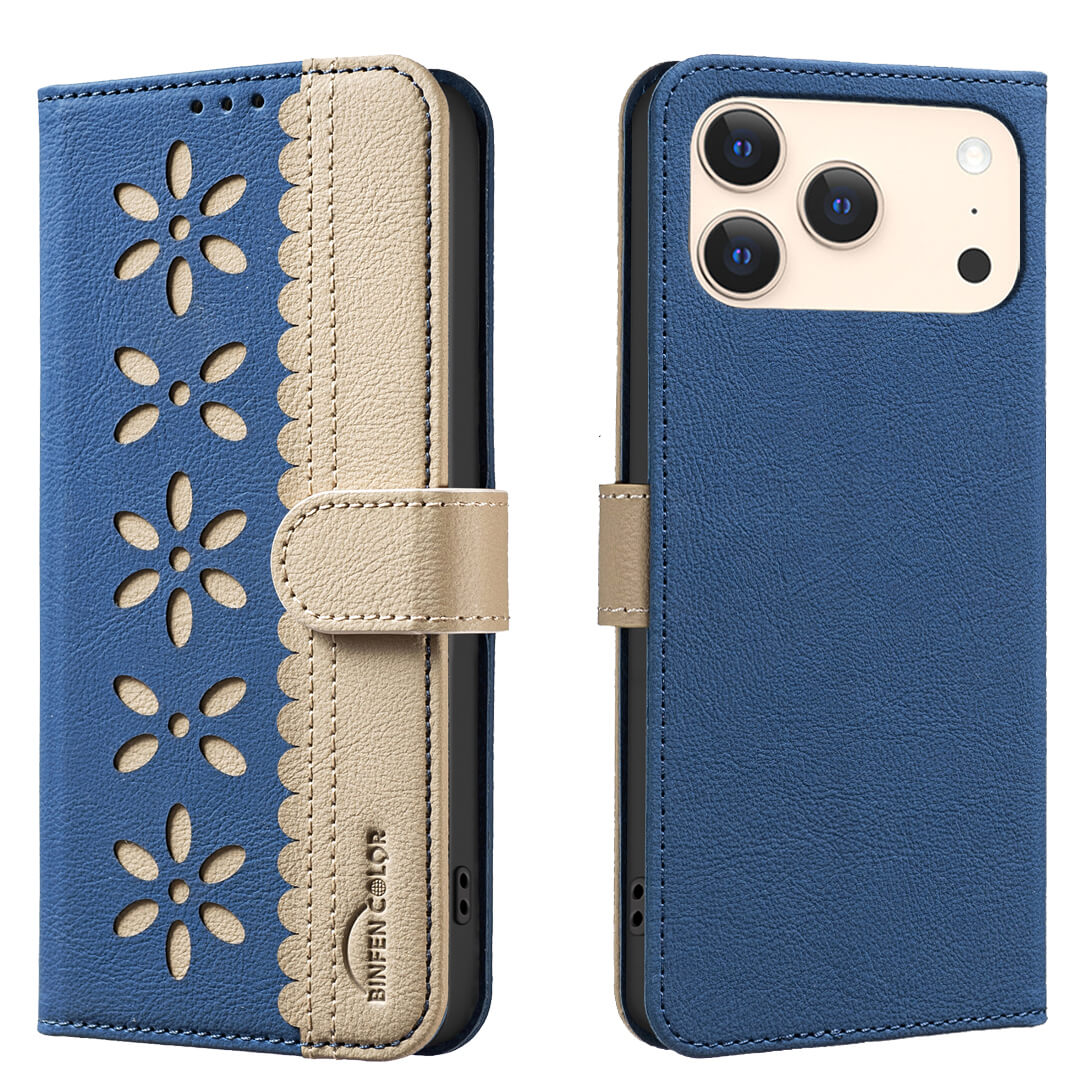 Die BINFEN Color iPhone 17 Pro Max BINFEN Ledertasche Floral in blau und beige, offen und geschlossen gezeigt, bietet florale Prägung, RFID-Schutz und präzise Aussparungen für Kamera und Tasten.