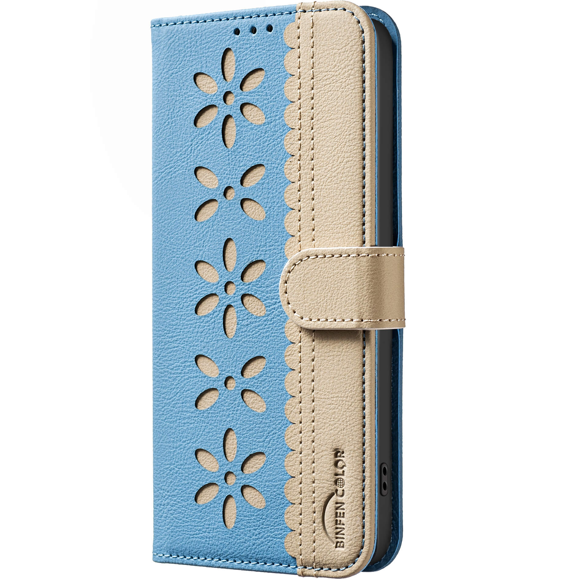 Die BINFEN Color iPhone 17 Pro - BINFEN Ledertasche Floral verfügt über eine blaue und beigefarbene Blumenprägung, RFID-Schutz, ausgeschnittene Blumendetails und einen Magnetverschluss - eine Kombination aus Stil und Sicherheit in einer erstklassigen Handytasche.