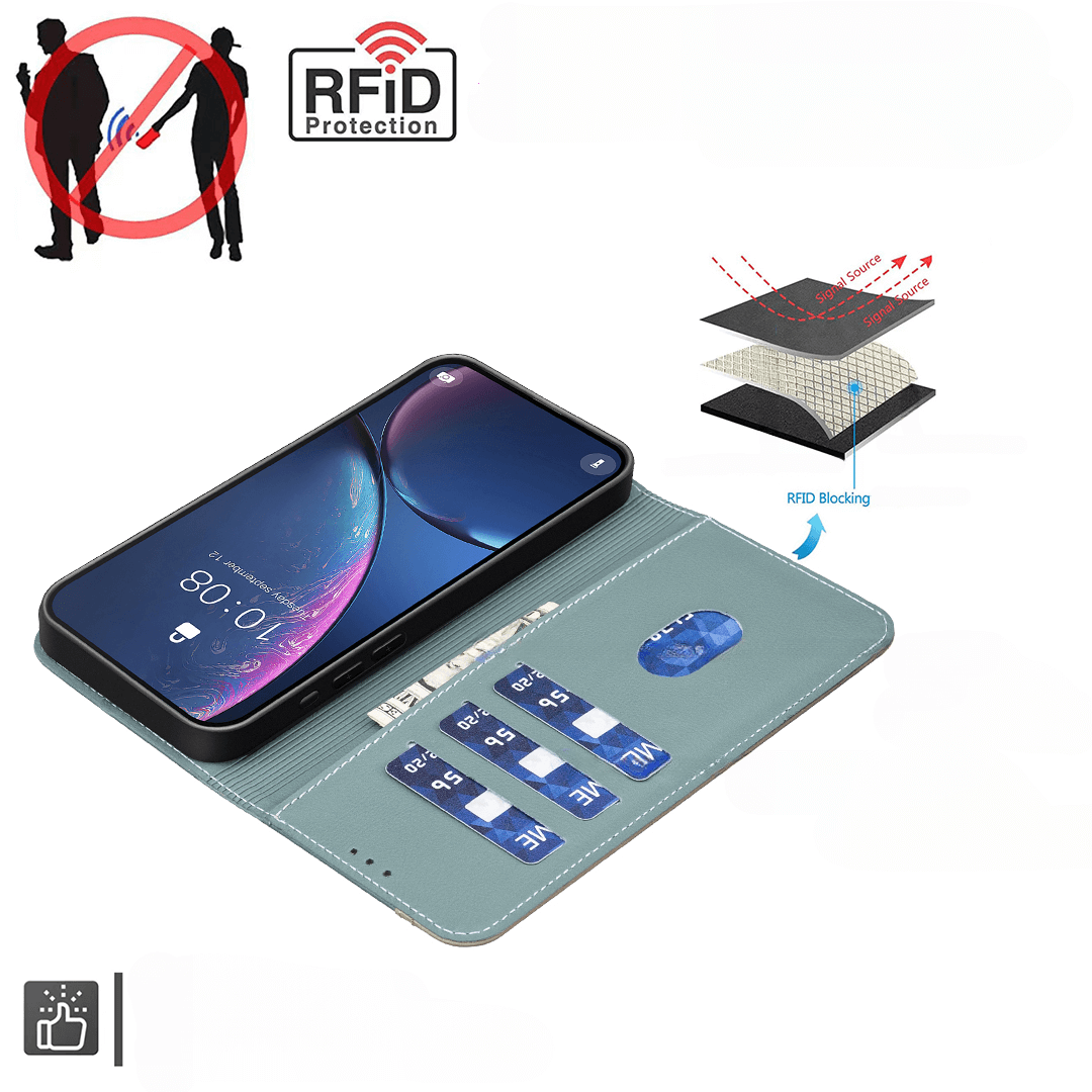 Die iPhone 17 Pro - BINFEN Ledertasche Floral von BINFEN Color bietet Kartenfächer, RFID-Schutz und eine Anti-Diebstahl-Illustration mit stilvoller floraler Prägung.