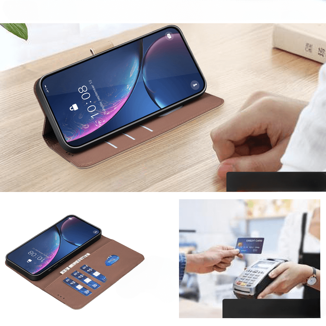 Ein iPhone 17 Pro in der BINFEN Color Ledertasche Floral mit RFID-Schutz und Kartenfächern liegt neben Händen, die am Zahlungsterminal mit einer Karte bezahlen.