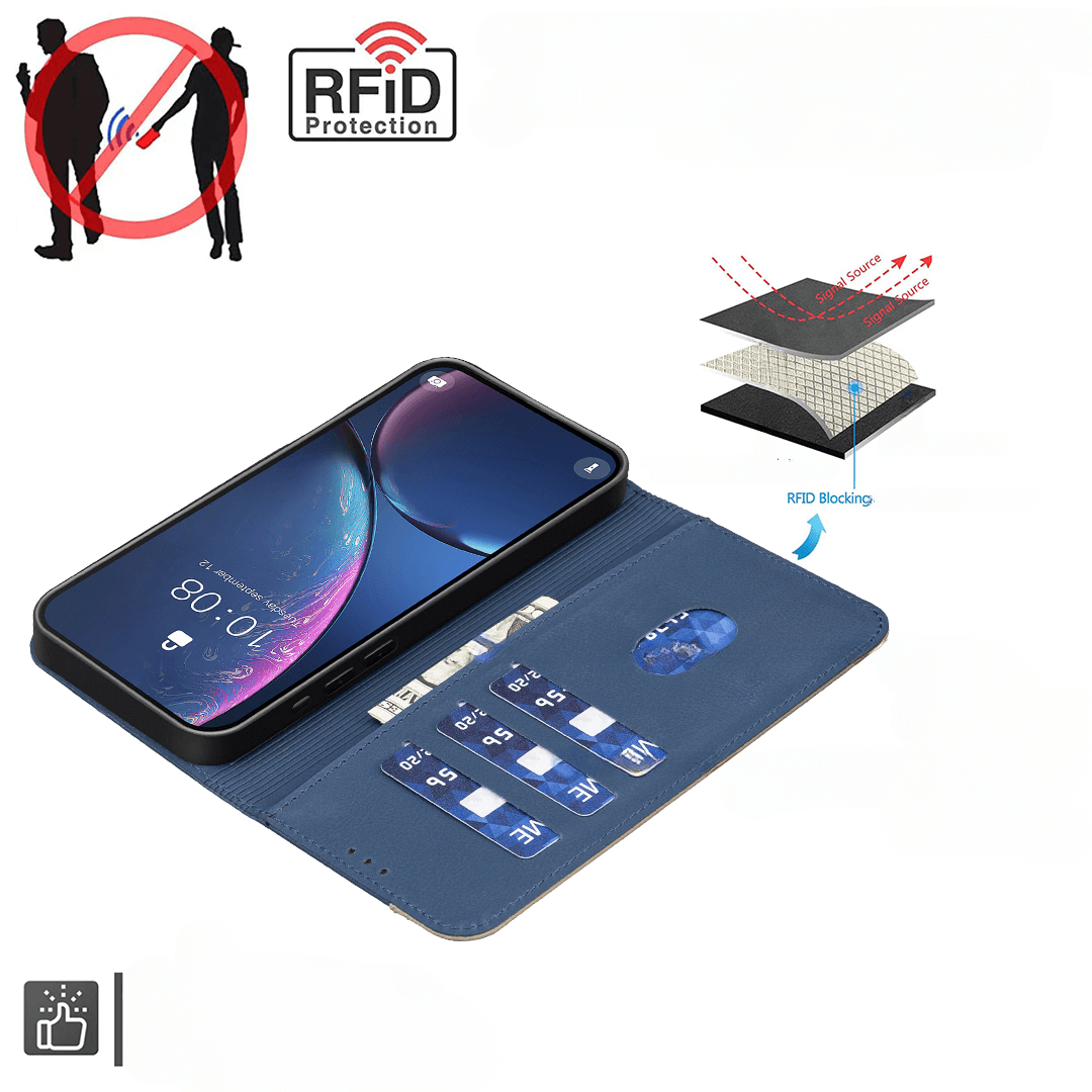 Öffnen Sie Ihr iPhone 17 Pro - BINFEN Ledertasche Floral von BINFEN Color, mit eleganter Blumenprägung, RFID-Schutz für Ihre Karten und Anti-Diebstahl- und RFID-Symbolen.