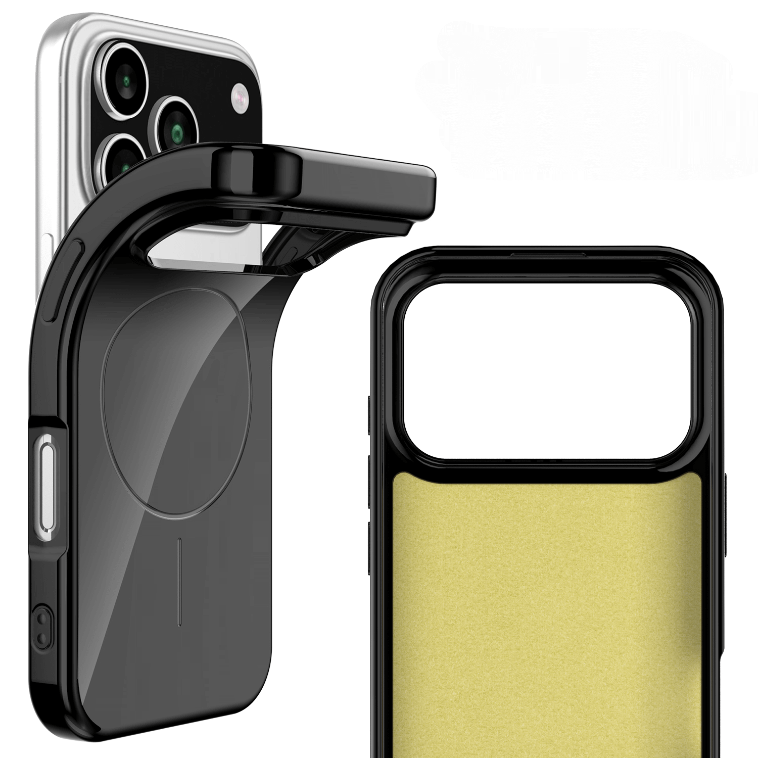 Zwei schwarze Cover-Discount iPhone 17 Pro Max unicolor Rückseitenhüllen mit MagSafe - eine teilweise geöffnet, um das Innere zu enthüllen, eine andere aufrecht mit einer goldenen Rückseite - beides hochwertige TPU-Hüllen.