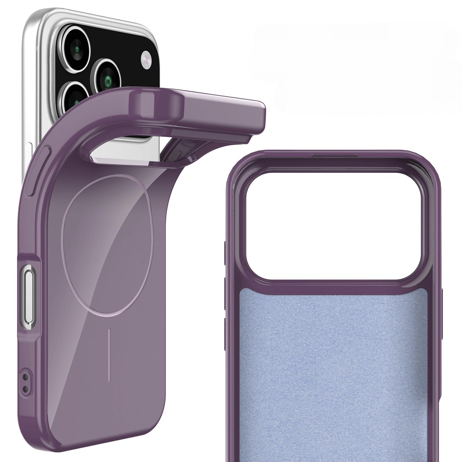 Lila MagSafe-kompatible TPU-Hülle mit Scharnier, offen und geschlossen gezeigt neben dem Cover-Discount iPhone 17 Pro Max - Unifarbenes Backcover mit MagSafe.