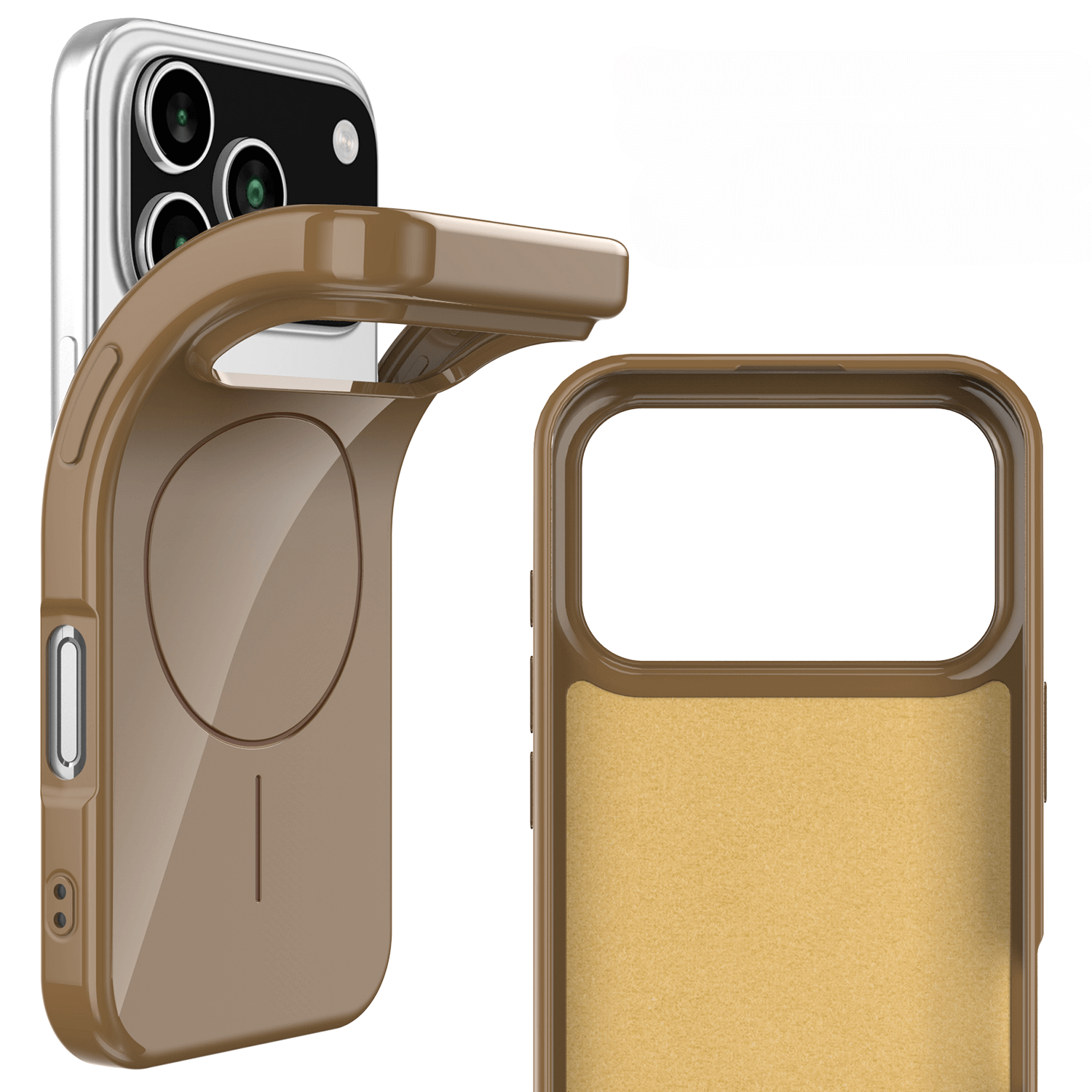 Die Cover-Discount iPhone 17 Pro Max Unifarbenes Backcover mit MagSafe ist eine braune TPU magnetische Flip-Cover Fall, offen mit Telefon und separat von der Rückseite gezeigt, kompatibel mit MagSafe.