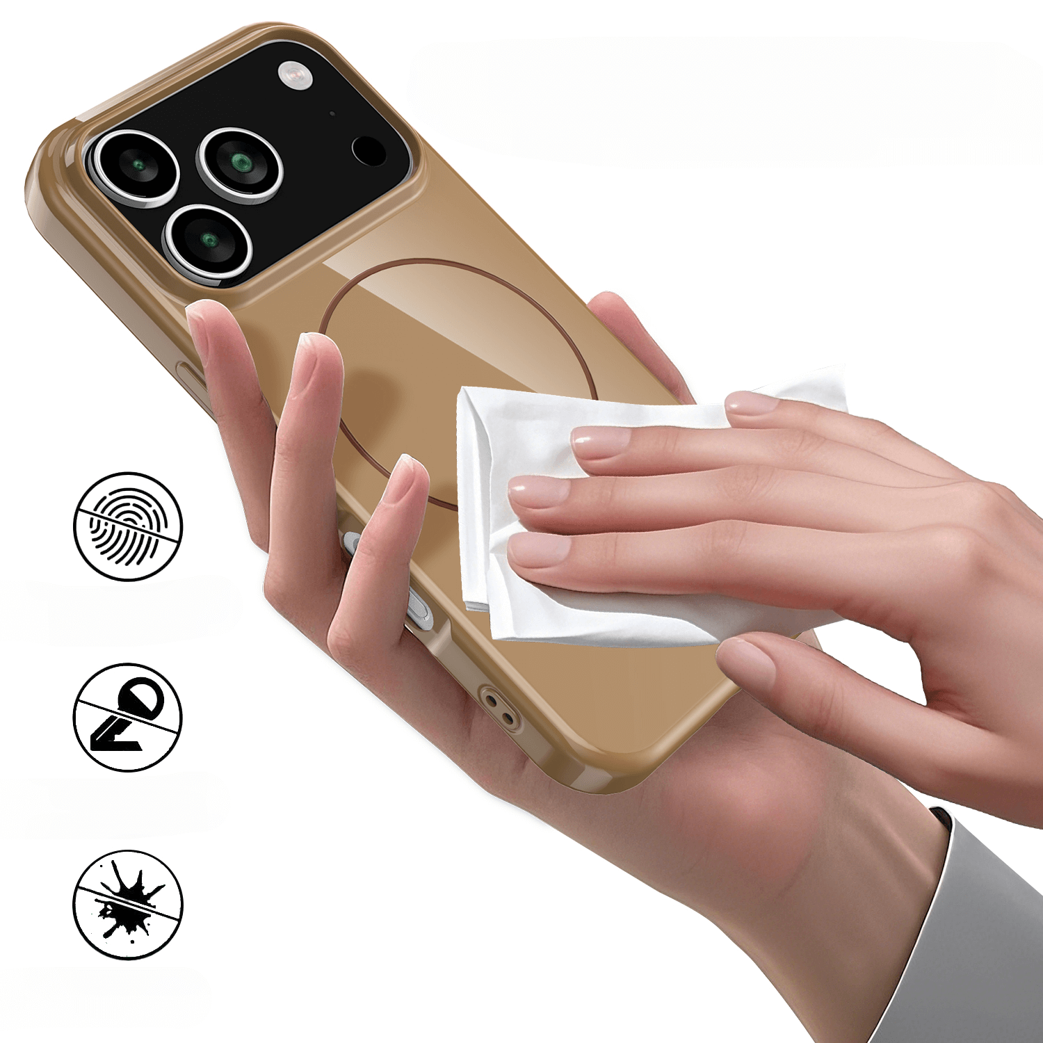 Eine Hand wischt über das Cover-Discount iPhone 17 Pro Max - Unifarbenes Backcover mit MagSafe; drei Reinigungs- und Anti-Schmutz-Symbole betonen die leicht zu reinigende Oberfläche der TPU-Hülle und die MagSafe-Kompatibilität.