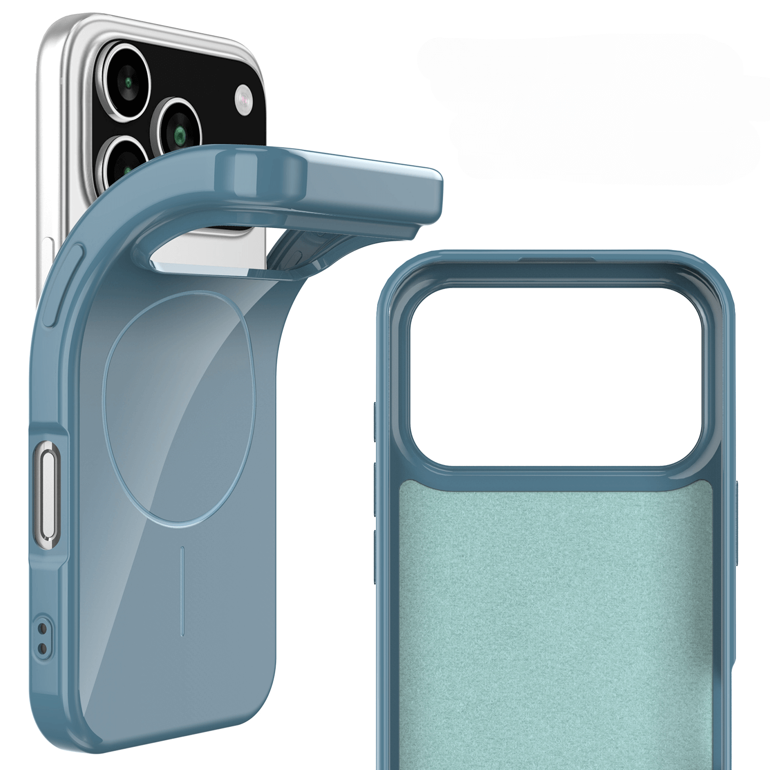 Das Cover-Discount iPhone 17 Pro Max - Unifarbenes Backcover mit MagSafe wird offen und geschlossen gezeigt, mit Kamera- und Tastenausschnitten für einfachen Zugriff. MagSafe-kompatibel für müheloses Aufladen, speziell für das iPhone 17 Pro Max entwickelt.