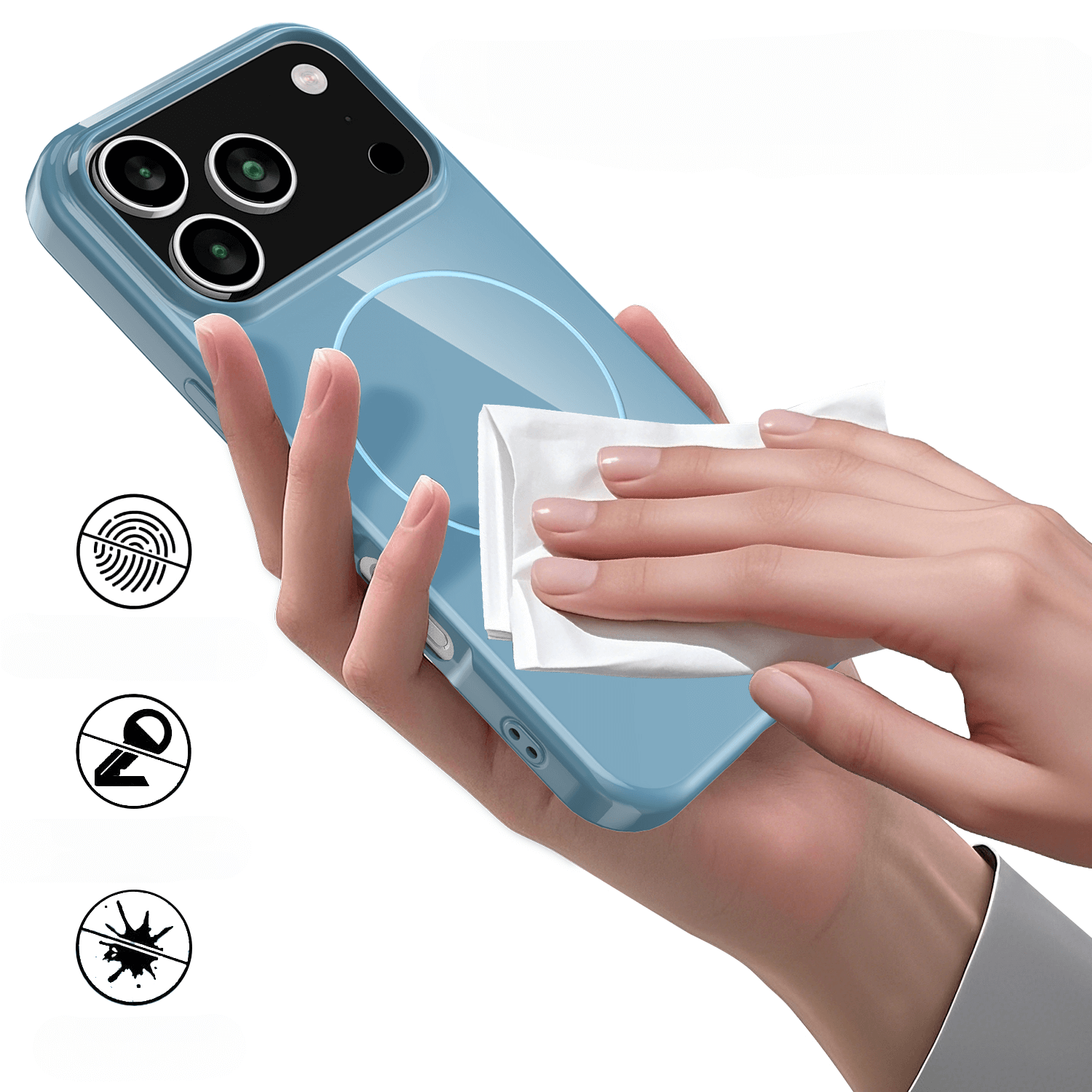 Handreinigung eines Cover-Discount iPhone 17 Pro Max - Unifarbenes Backcover mit MagSafe, mit Symbolen für Fingerabdruck-, Kratz- und Fleckenschutz.