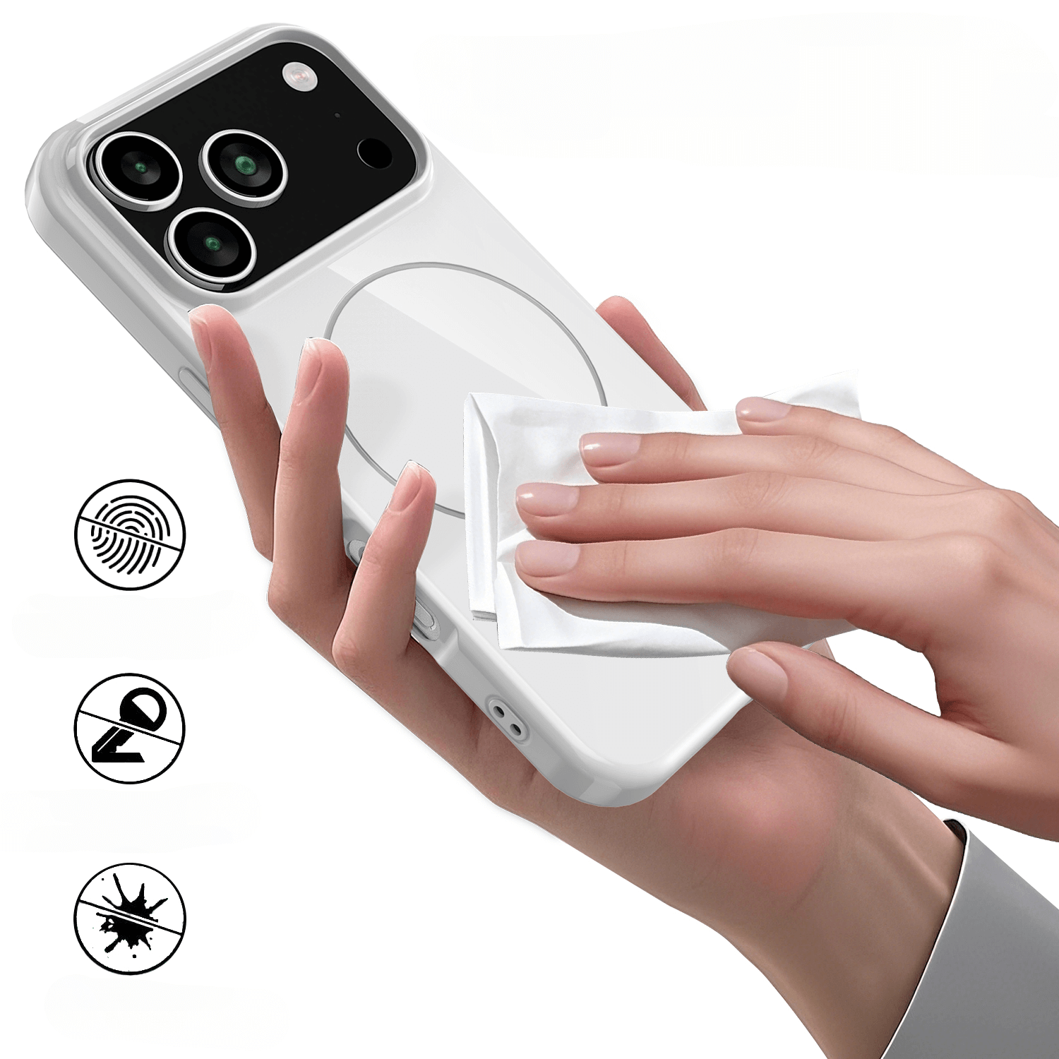 Eine Hand wischt über das weiße Cover-Discount iPhone 17 Pro Max - Unifarbenes Backcover mit MagSafe; Icons heben Anti-Fingerabdruck-, Anti-Kratz- und Fleckenschutzfunktionen hervor. MagSafe-kompatibel für müheloses Aufladen.