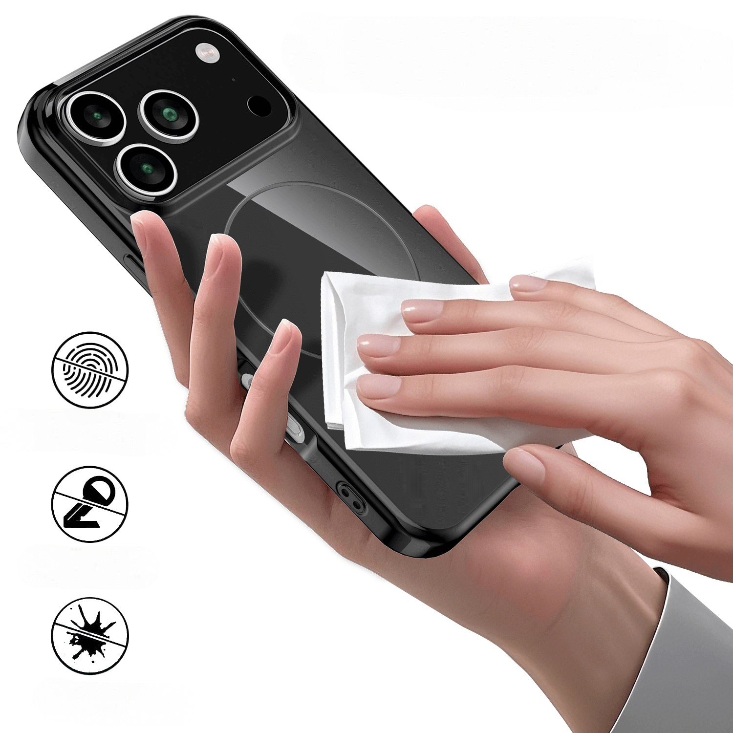 Eine Hand wischt über das Cover-Discount iPhone 17 Pro - Unifarbenes Backcover mit MagSafe; drei Symbole heben Fingerabdruck-, Kratz- und Wischfestigkeit hervor und betonen den robusten Schutz und die MagSafe-Kompatibilität dieser TPU-Hülle.