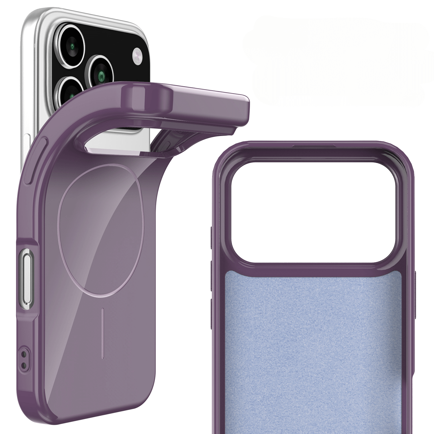 Das Cover-Discount iPhone 17 Pro - Unifarbenes Backcover mit MagSafe ist eine lilafarbene magnetische Handyhülle mit sichtbaren Kameralinsen, Flip Cover und voller MagSafe-Kompatibilität.