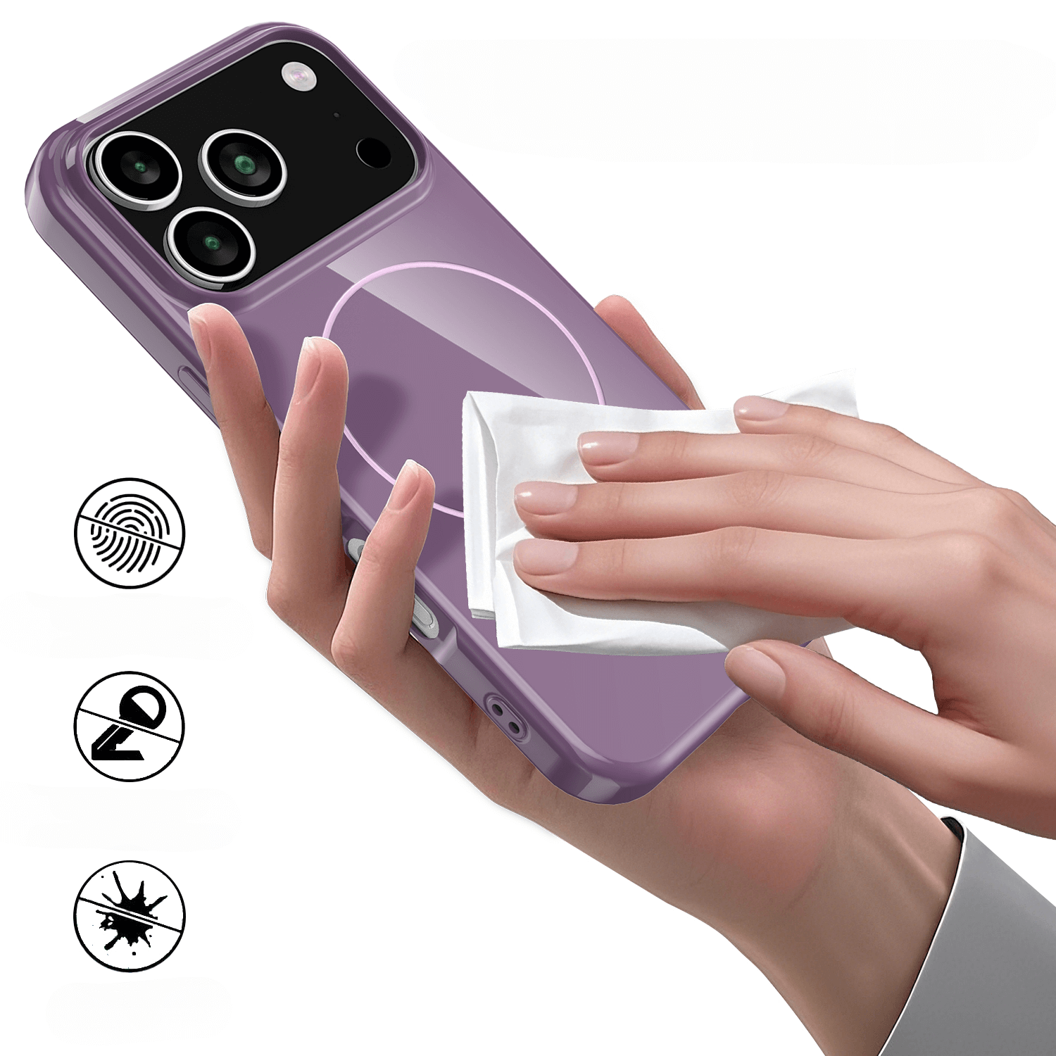 Abwischen des Cover-Discount iPhone 17 Pro - Unifarbenes Backcover mit MagSafe; Icons zeigen MagSafe kompatibel, Anti-Fingerprint, Anti-Scratch und Anti-Flecken Eigenschaften.