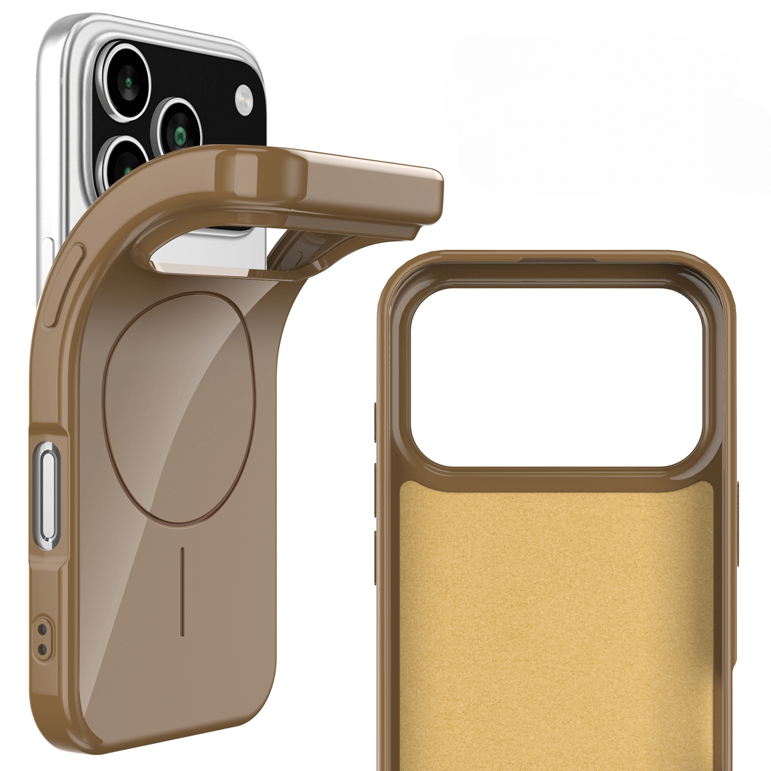 Cover-Discount iPhone 17 Pro - Unifarbenes Backcover mit MagSafe in Braun, mit Hinge Cover. Gezeigt offen und geschlossen neben einem Triple-Kamera-Smartphone. Das langlebige TPU-Case bietet stilvollen Schutz.