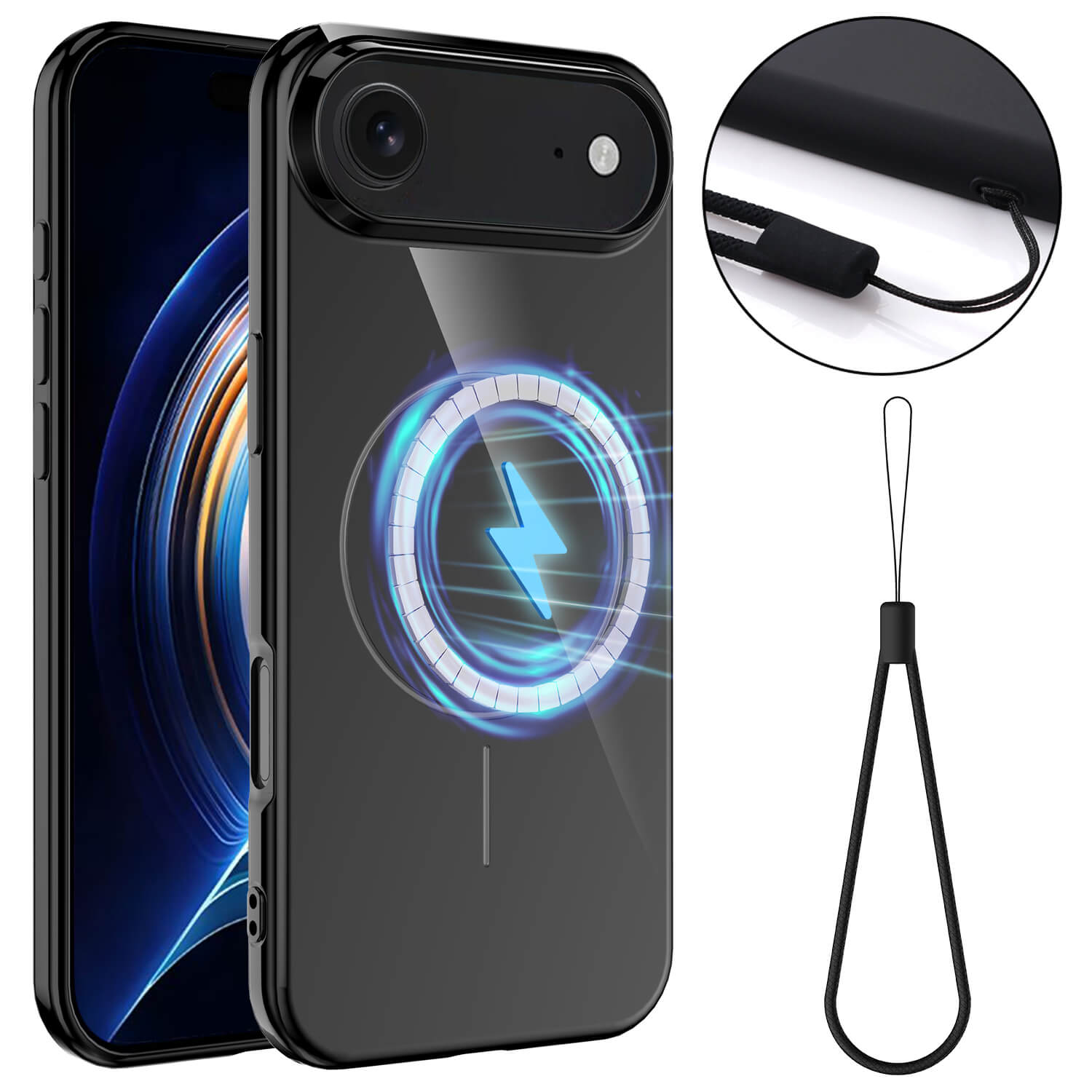 #farbe_schwarz|Das Cover-Discount iPhone 17 Air - Unifarbenes Backcover mit MagSafe verfügt über eine magnetische Ladehülle, ein Lanyard-Loch und eine abnehmbare Handschlaufe. Die strapazierfähige TPU-Hülle bietet Schutz und Stil.