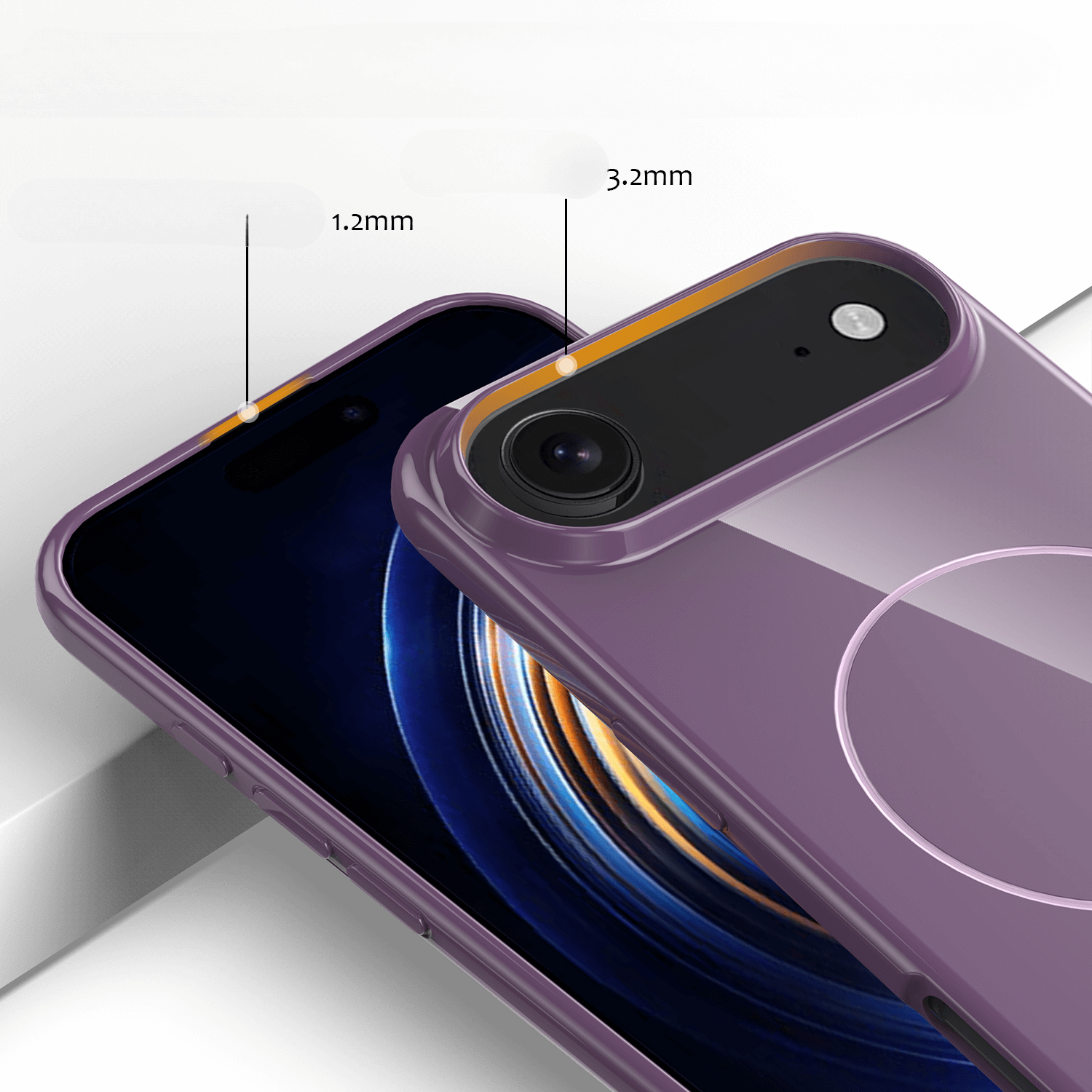 Zwei iPhone 17 Air Smartphones in lila Cover-Discount TPU Backcover Hüllen (MagSafe kompatibel), beschriftet 1,2mm an der Kamera und 3,2mm am Bildschirm.