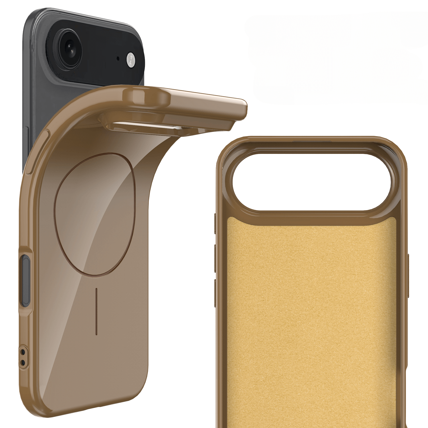 Zwei braune Cover-Discount iPhone 17 Air Rückseitenhüllen mit MagSafe sind abgebildet: eine offen, um das MagSafe Innere zu zeigen, die andere zeigt die Rückseite und den Kameraausschnitt.