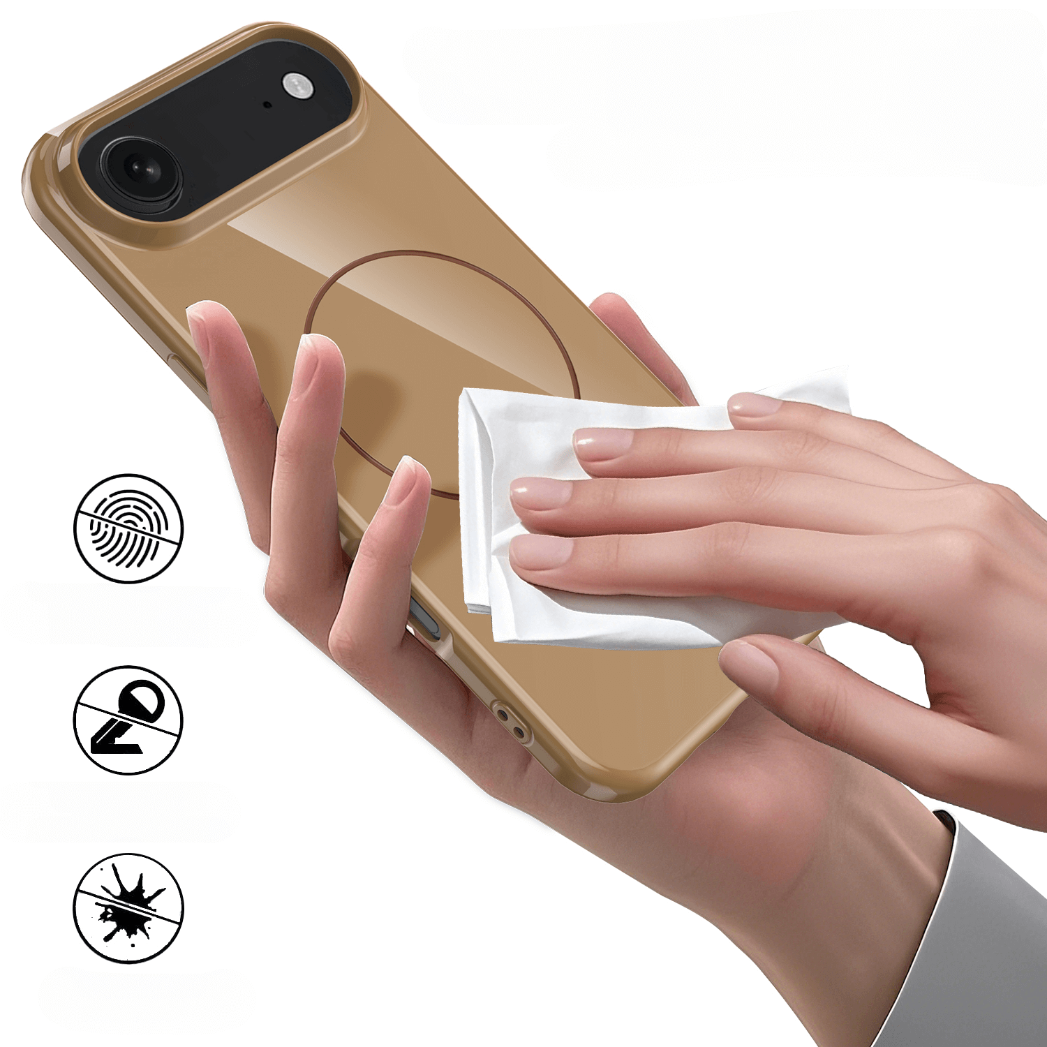 Eine Hand wischt über ein braunes Cover-Discount iPhone 17 Air - Unifarbenes Backcover mit MagSafe; Symbole zeigen die Anti-Fingerabdruck-, Anti-Vergilbungs- und schmutzabweisenden Eigenschaften.