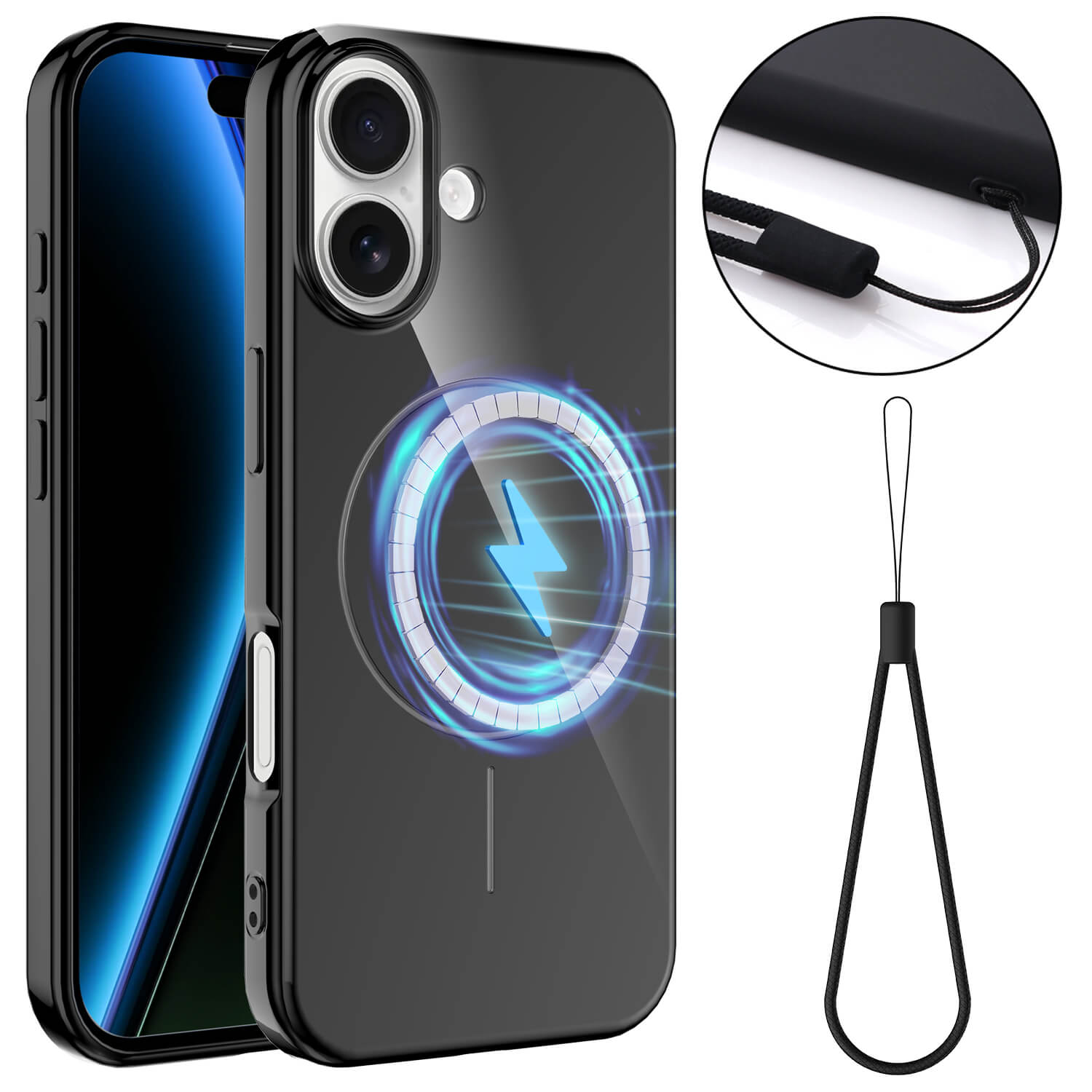 #farbe_schwarz|Cover-Discount's iPhone 17 Unifarbenes Backcover mit MagSafe: Schwarze TPU-Hülle mit blau leuchtendem Ladesymbol, MagSafe-Kompatibilität, Lanyard und Befestigungsschlitz.