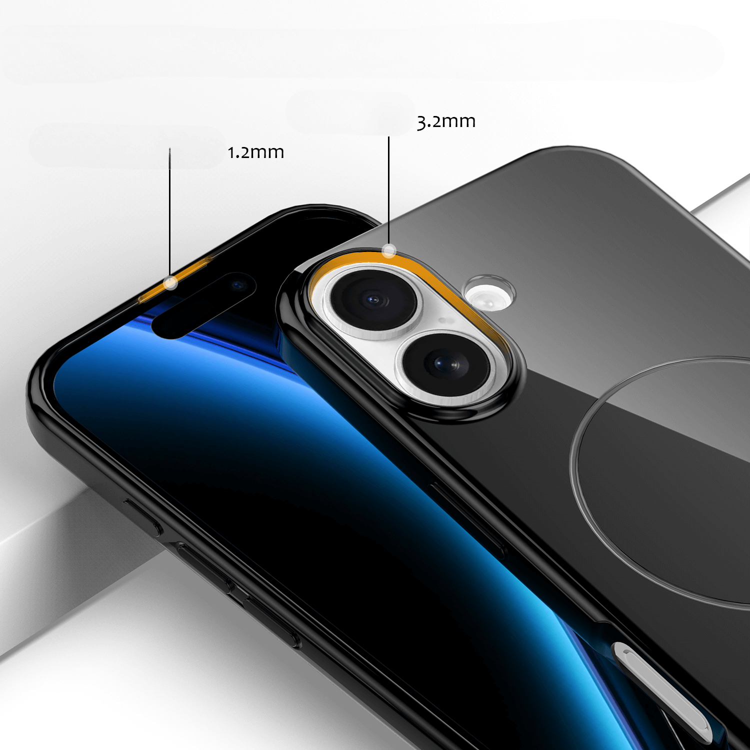 Zwei iPhone 17 Smartphones mit dem Cover-Discount Unifarbenes Backcover mit MagSafe in schwarz Display Kamera und Bildschirmränder mit Dickenangaben von 1,2mm und 3,2mm.