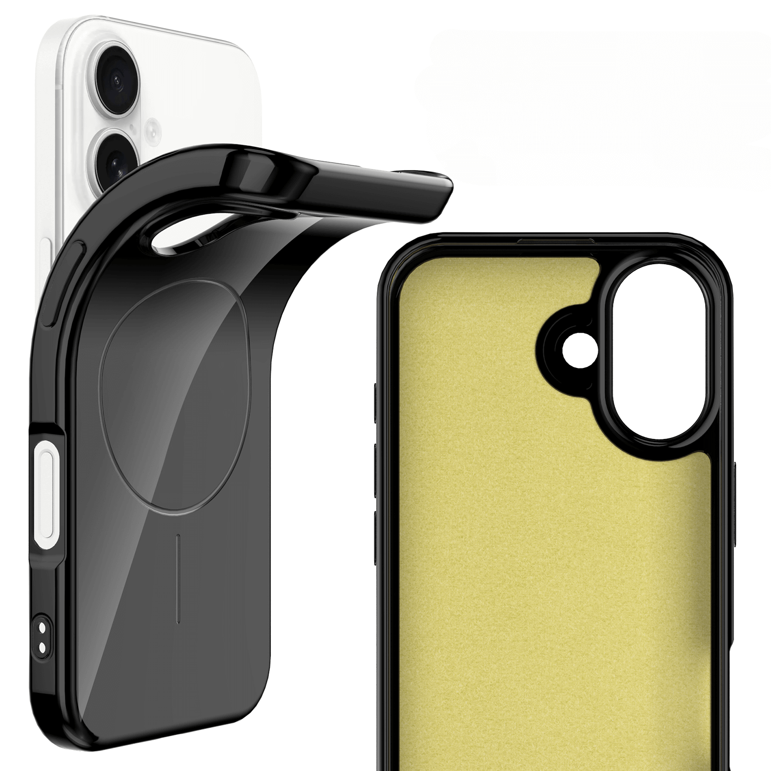 Zwei schwarze Cover-Discount iPhone 17 Unifarbenes Backcover mit MagSafe Hülle werden neben einem weißen Smartphone gezeigt.