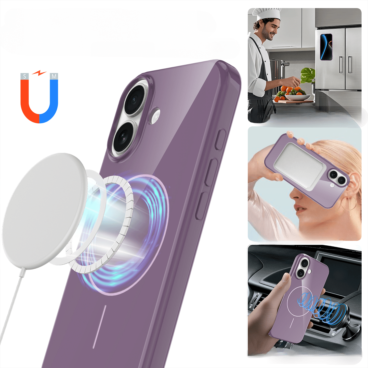 Das Cover-Discount iPhone 17 mit unifarbenem MagSafe Backcover und magnetischem, kabellosem Ladegerät ermöglicht den vielseitigen Einsatz in der Küche, im Auto und im Freien, wie auf den beigefügten Bildern gezeigt.