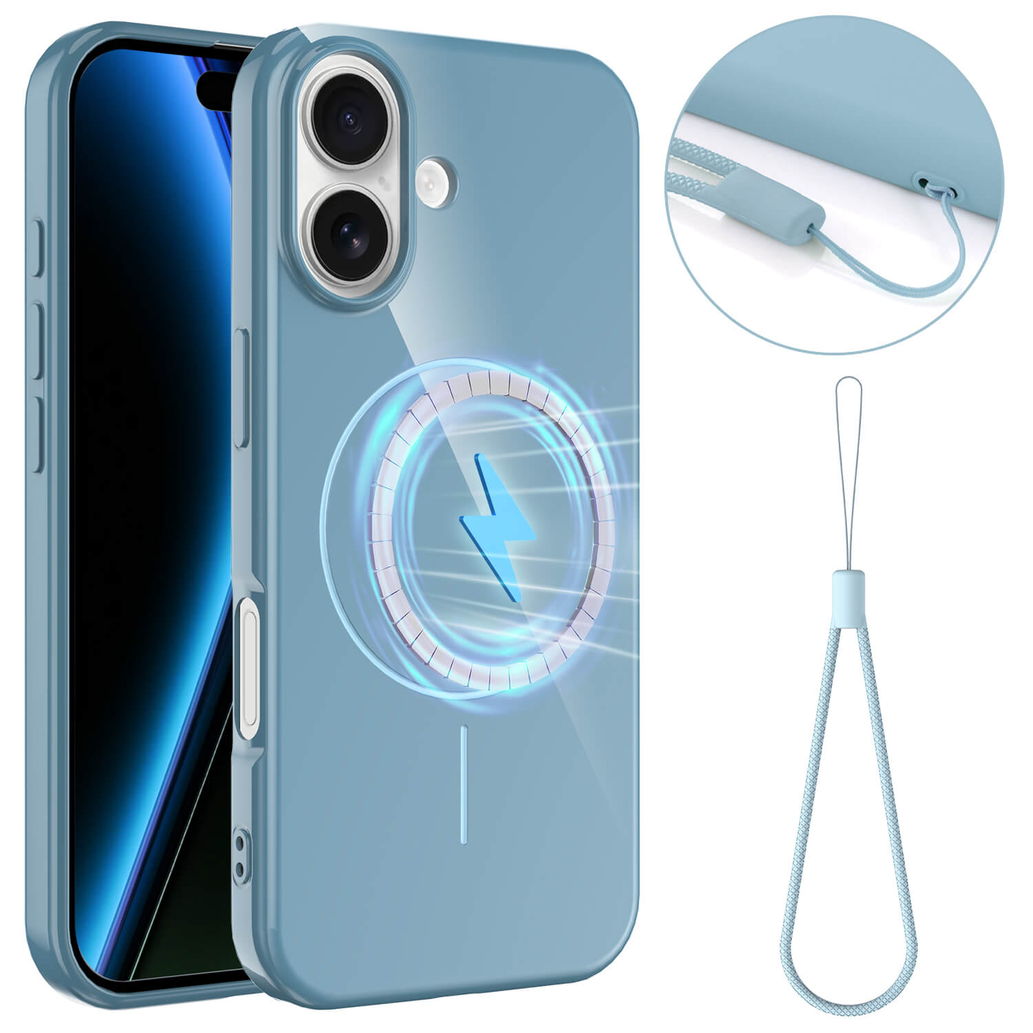 Das Cover-Discount iPhone 17 - Unifarbenes Backcover mit MagSafe in hellblau ist mit einem Telefon abgebildet und enthält eine passende abnehmbare Handschlaufe, die stilvollen Schutz und Komfort kombiniert.