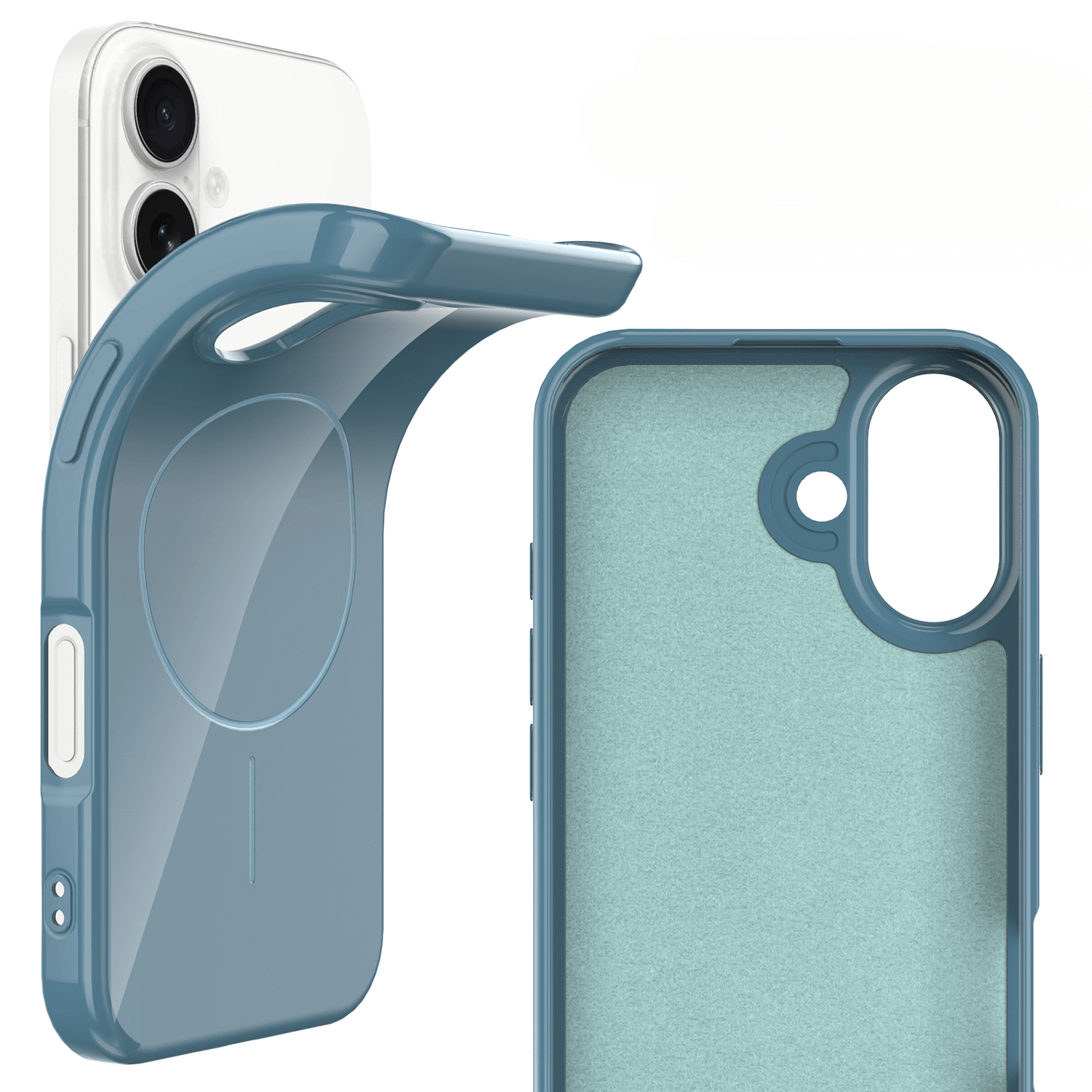 Das Cover-Discount iPhone 17 - Unifarbenes Backcover mit MagSafe, in Blau und Transparent, wird mit einem Kameraausschnitt auf und neben einem weißen Smartphone gezeigt.