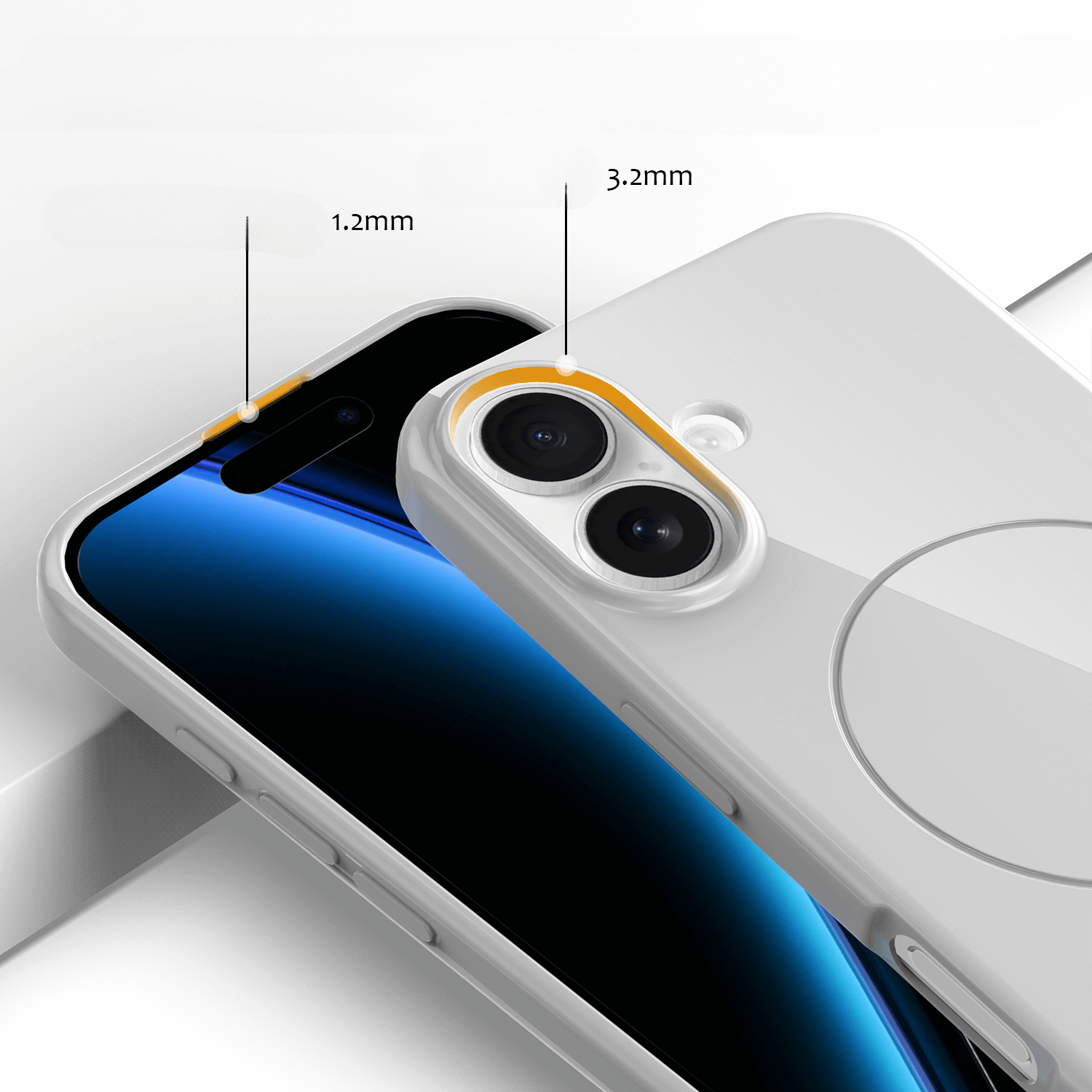 Zwei iPhones in weiß Cover-Discount MagSafe Hüllen zeigen Kamera- und Bildschirmrandschutz mit beschrifteten Maßen - das ideale TPU iPhone 17 - Unifarbenes Backcover mit MagSafe für Ihre Bedürfnisse.