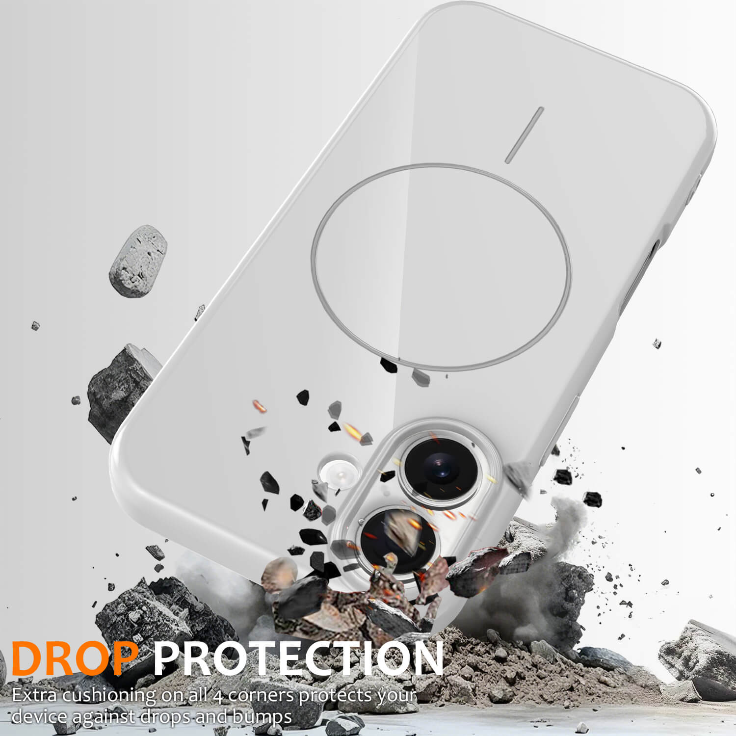 Das Cover-Discount iPhone 17 Unifarbenes Backcover mit MagSafe übersteht einen Betonsturz, bei dem Trümmer herumfliegen, und unterstreicht damit seinen hervorragenden Fallschutz.