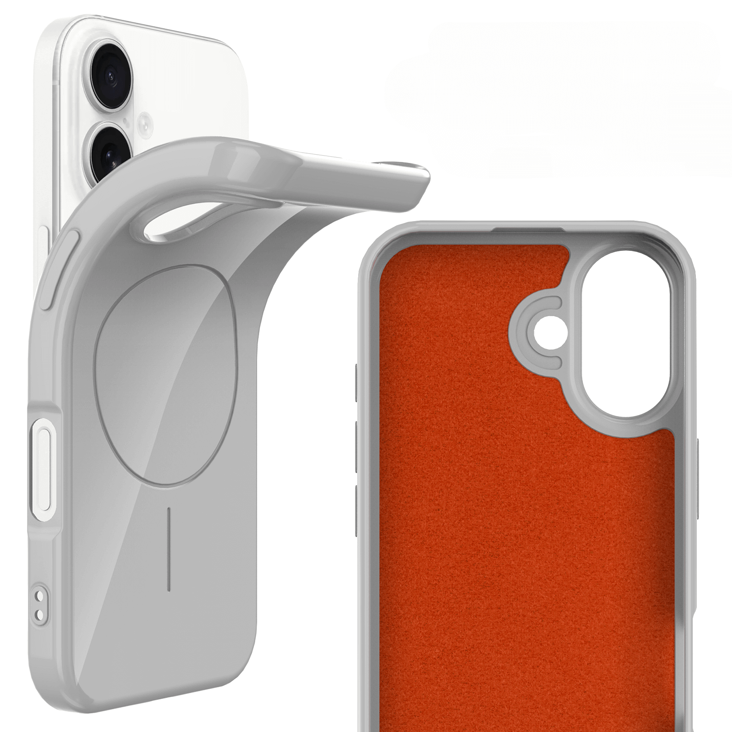 Ein Cover-Discount iPhone 17 - Unifarbenes Backcover mit MagSafe in Grau mit orangefarbener Innenseite wird auf ein weißes Smartphone montiert und kombiniert so stilvollen Schutz mit MagSafe-Kompatibilität.