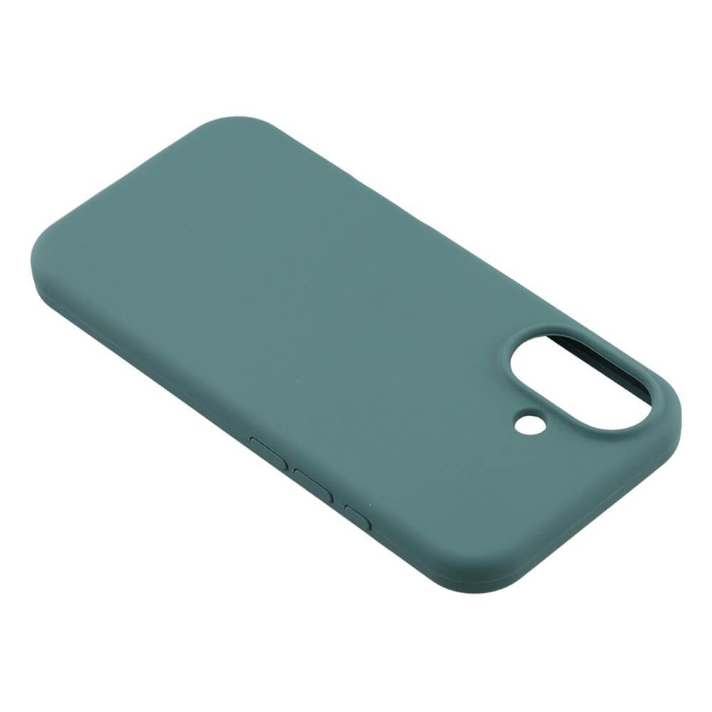 Die Cover-Discount iPhone 17 - Solide Silikonhülle in Teal bietet schlanken, angenehmen Schutz mit Kamera- und Blitz-Ausschnitten - stilvoll präsentiert auf weißem Hintergrund.
