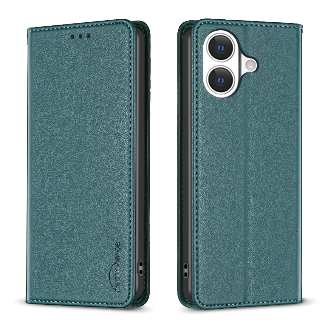 #farbe_grün|Die BINFEN Color iPhone 17 - BINFEN Flip Case Hülle aus Teal-Kunstleder bietet stilvollen Rundum-Schutz mit Kameraausschnitt und magnetischem Verschluss, dargestellt in geschlossener und geöffneter Ansicht.