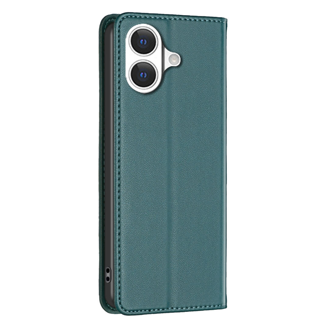 Das BINFEN Color iPhone 17 - BINFEN Flip Case Hülle in tealgrünem Kunstleder bietet eleganten Rundum-Schutz für Ihr Gerät, das mit einem Kameraausschnitt versehen ist und geschlossen und aufrecht dargestellt wird.