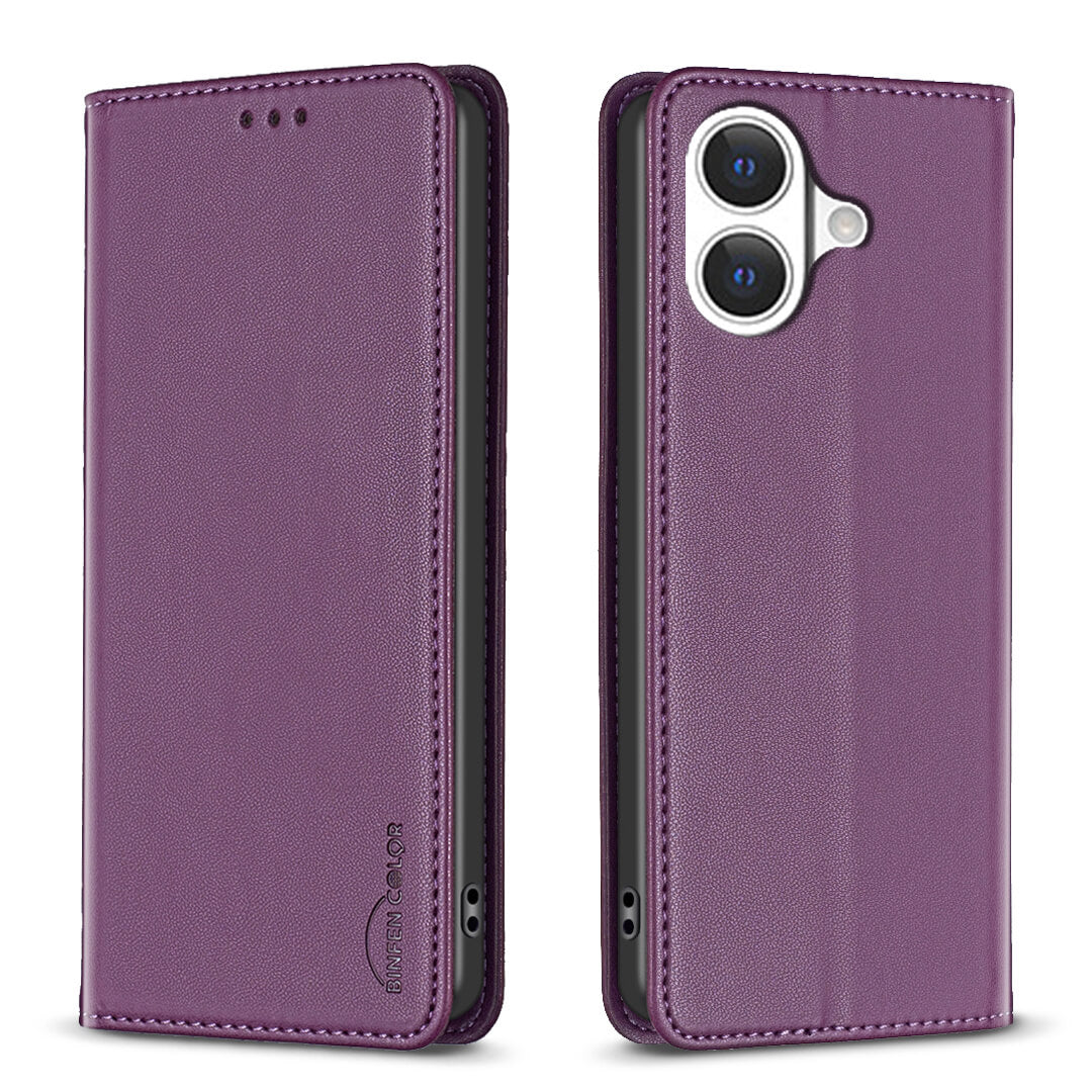 Zwei lila iPhone 17 - BINFEN Flip Case Hüllen von BINFEN Color abgebildet, eine offen und eine geschlossen, mit Kamera und Anschlüssen zugänglich. Rundum-Schutz sichert Ihr Gerät stilvoll.