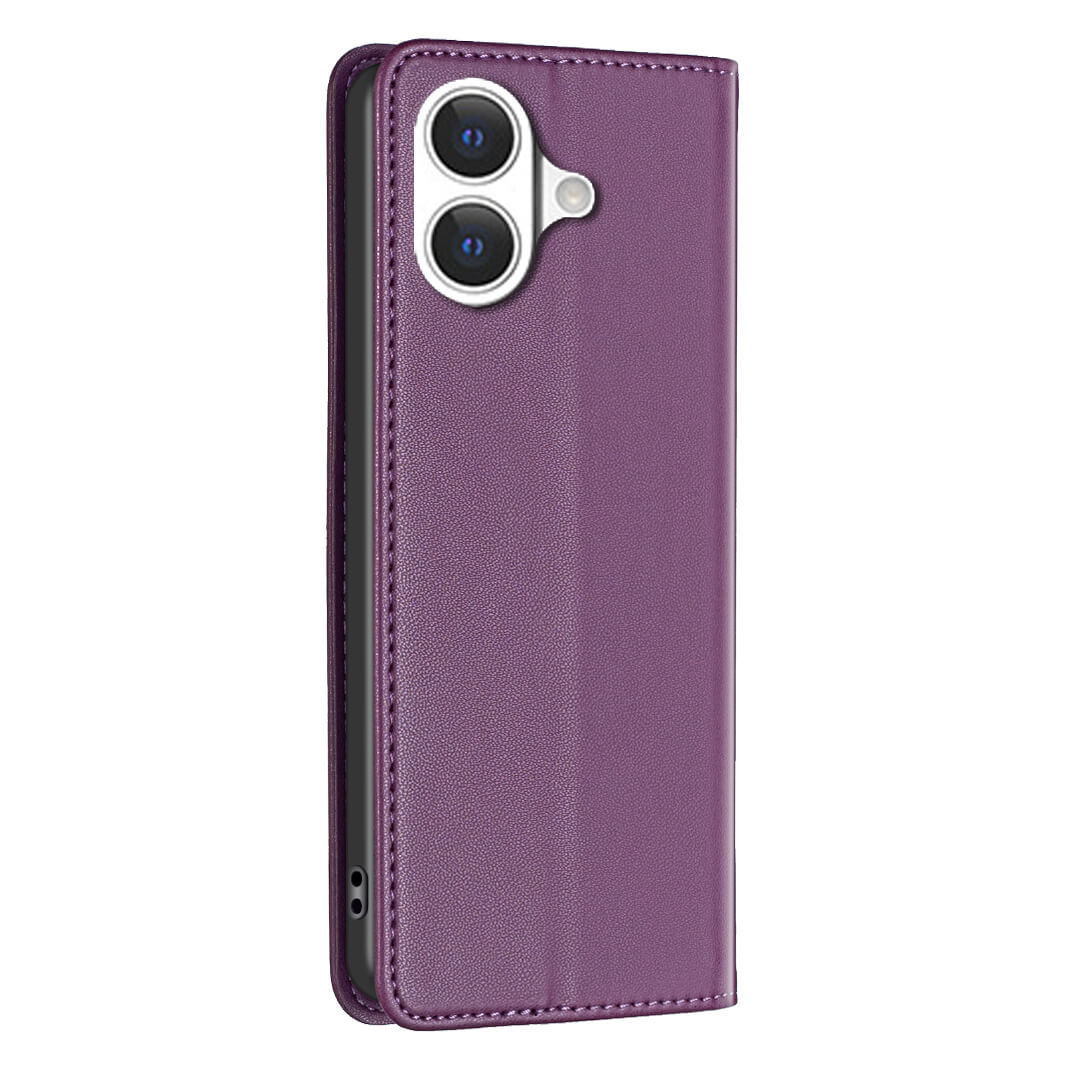Das BINFEN Color iPhone 17 - BINFEN Flip Case Hülle in Lila verfügt über eine Aussparung für zwei Kameras, steht leicht geöffnet aufrecht und bietet stylischen Rundum-Schutz.