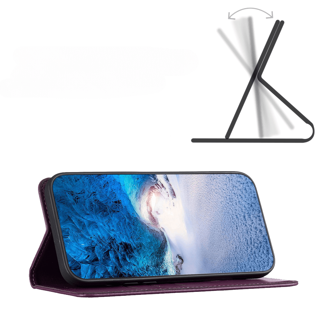 Das iPhone 17 in der BINFEN Flip Case Hülle von BINFEN Color, lila Kunstleder, horizontal aufgestellt mit verstellbaren Standwinkeln - perfekter Rundumschutz und ideal als stilvolle iPhone 17 Hülle.