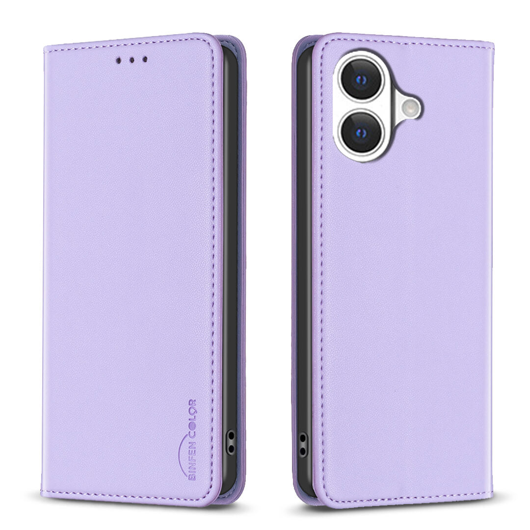 Die BINFEN Color iPhone 17 - BINFEN Flip Case Hülle aus Kunstleder in Lavendel bietet mit Frontcover, zwei Kameraausschnitten und sichtbaren Seitentasten eleganten Rundumschutz.